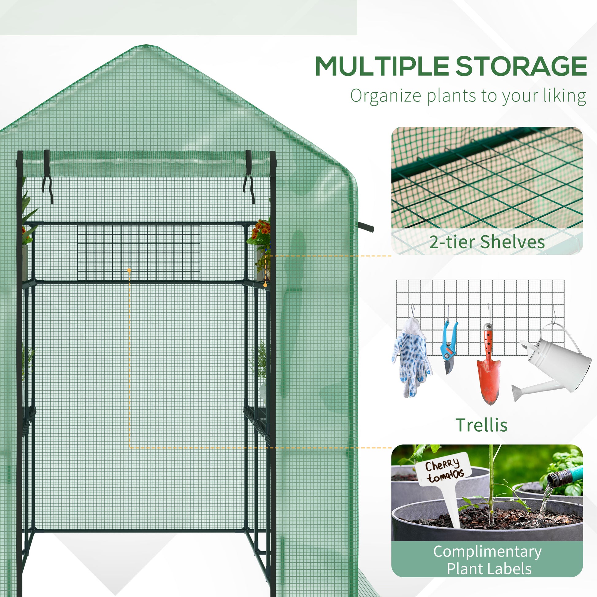 Green walkin greenhouse with twotier shelves for plant organization