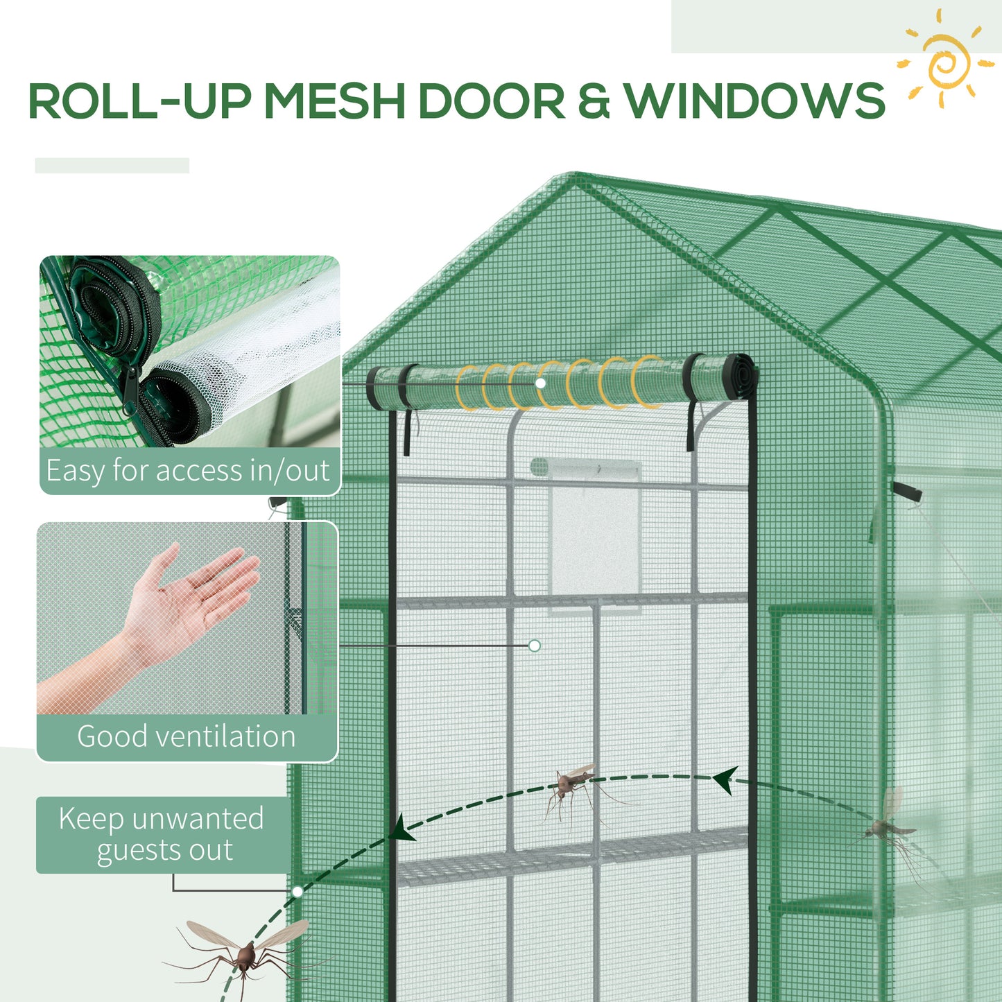 Green mesh greenhouse with rollup door for easy access and ventilation
