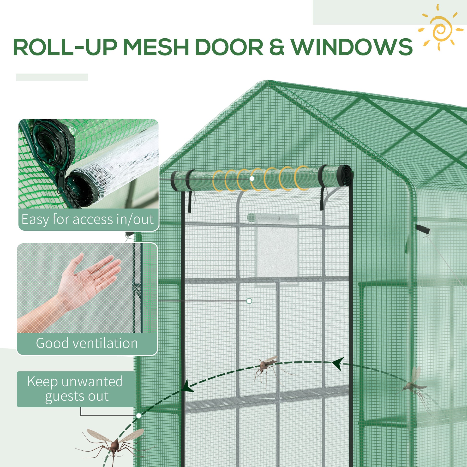 Green mesh greenhouse with rollup door for easy access and ventilation