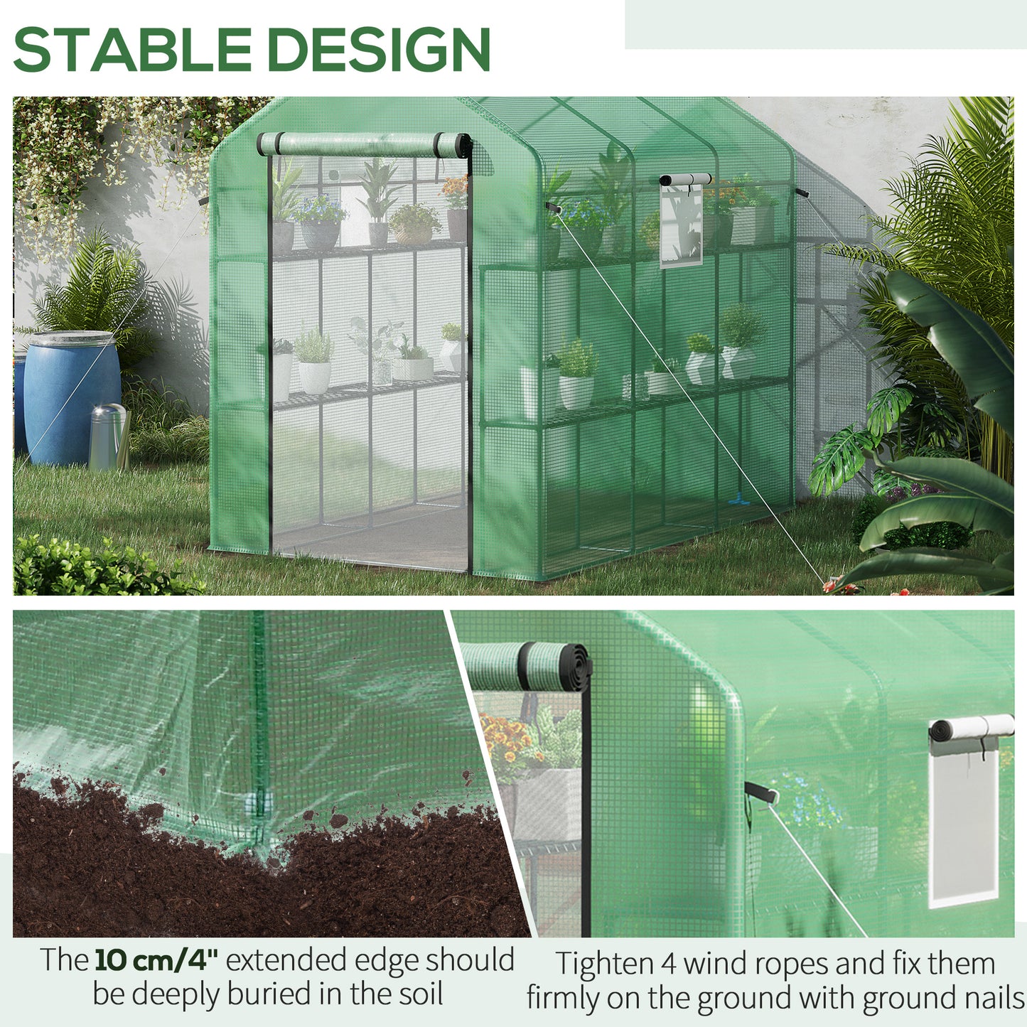 Green walkin greenhouse with shelves holding potted plants ideal for small gardens