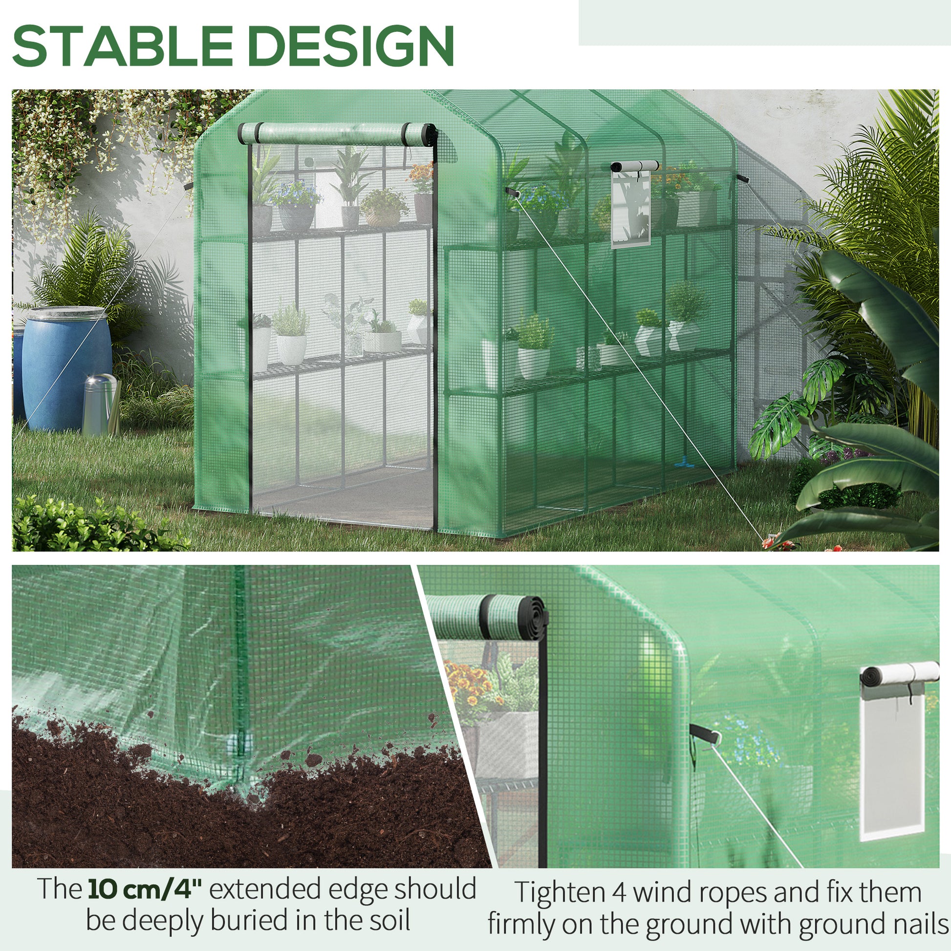 Green walkin greenhouse with shelves holding potted plants ideal for small gardens