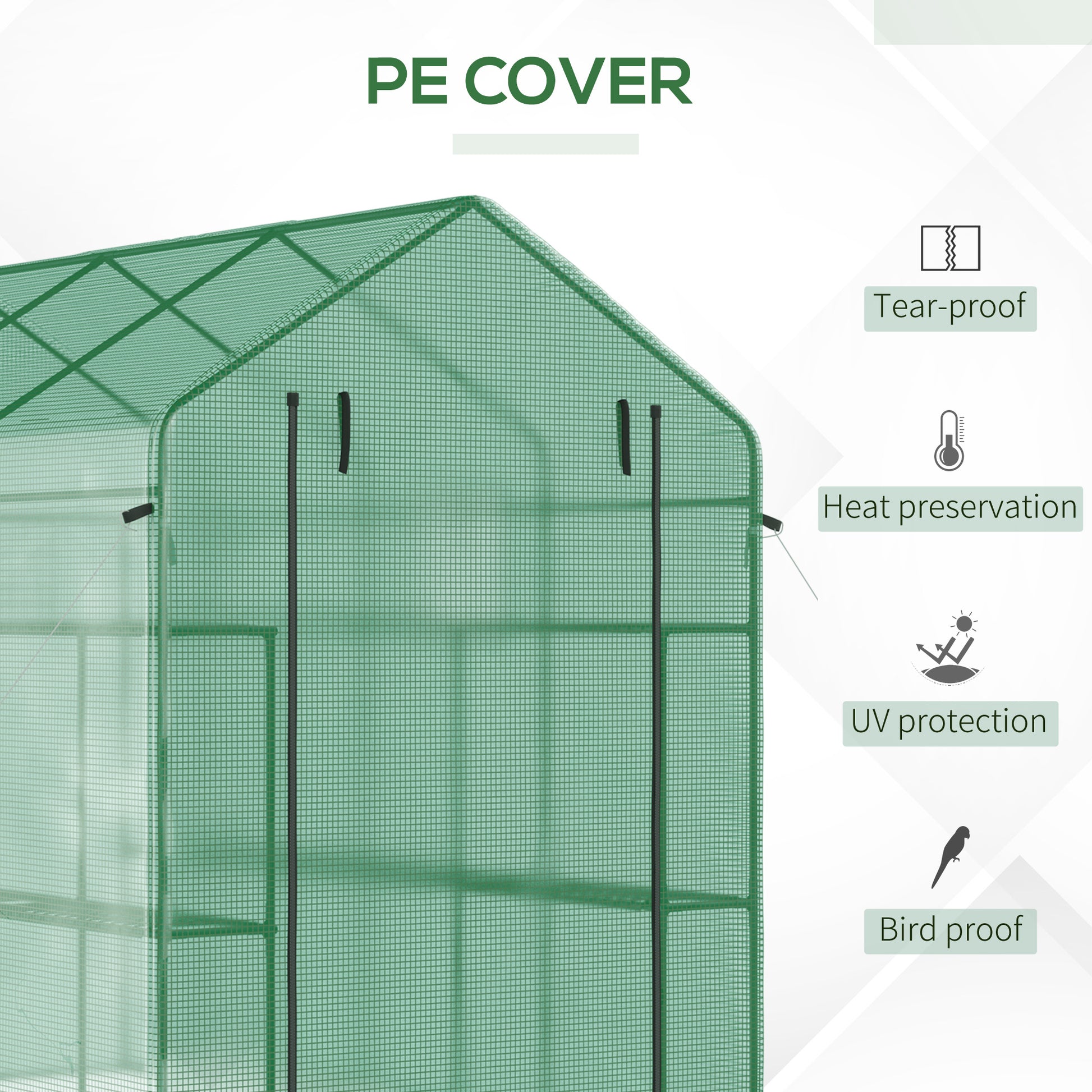 Green mesh greenhouse with PE cover offering tearproof and heat preservation benefits