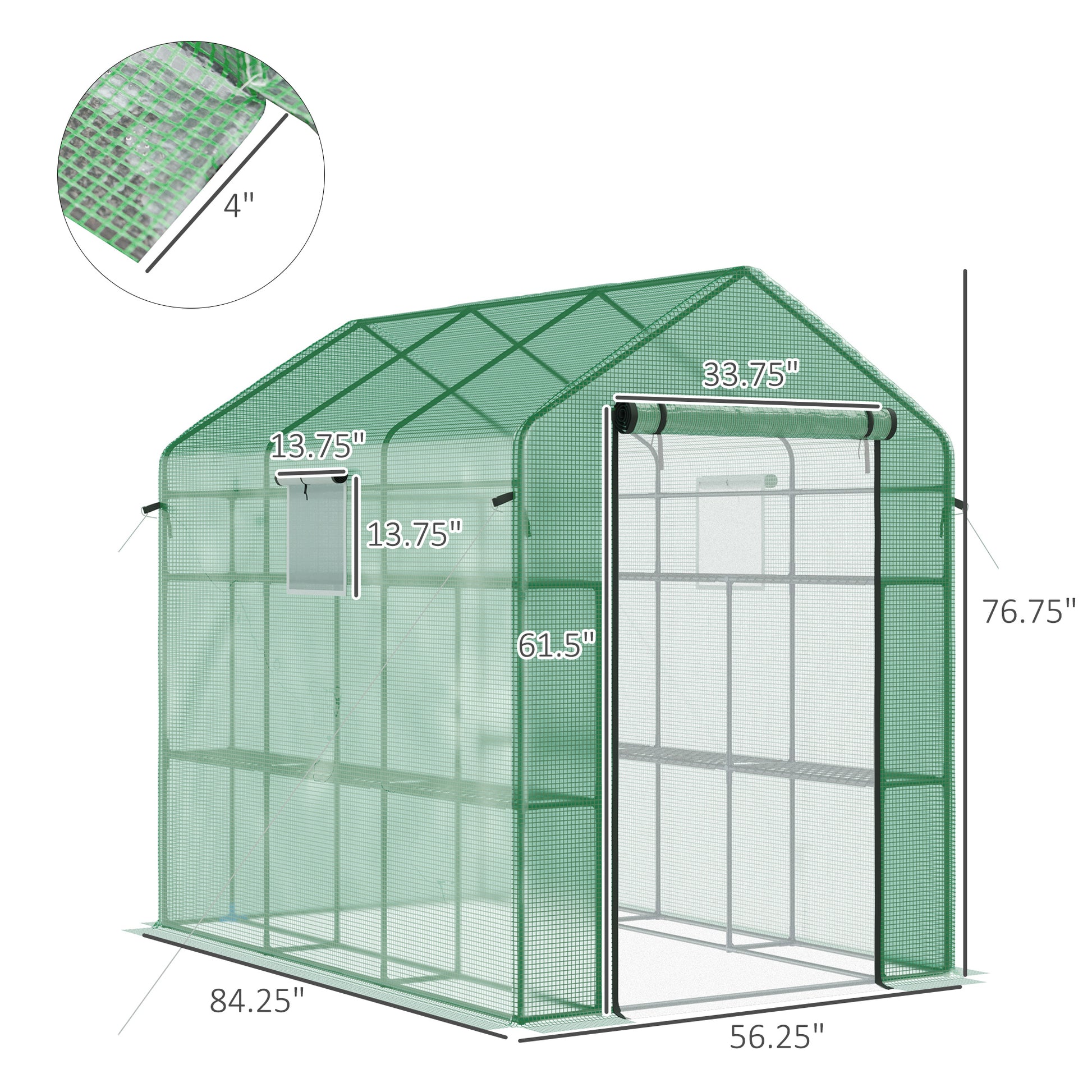Green portable greenhouse with zippered rollup door and shelving for gardening