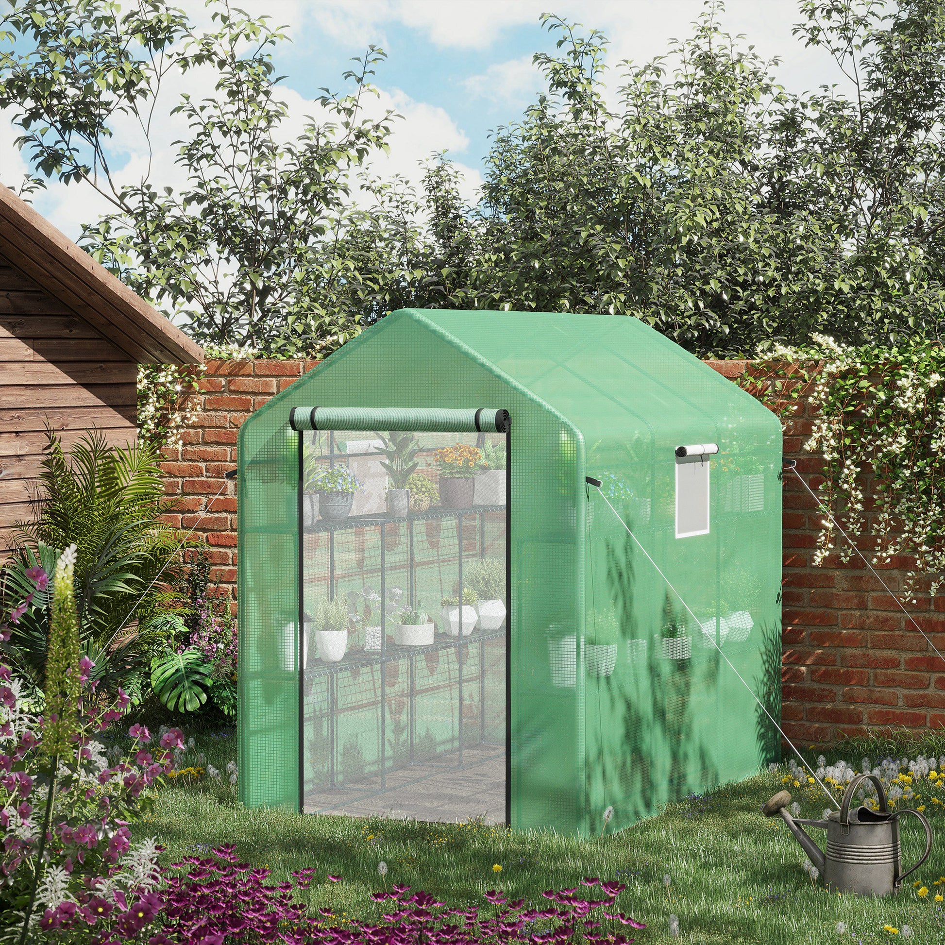 Green walkin greenhouse with shelves full of potted plants ideal for gardening