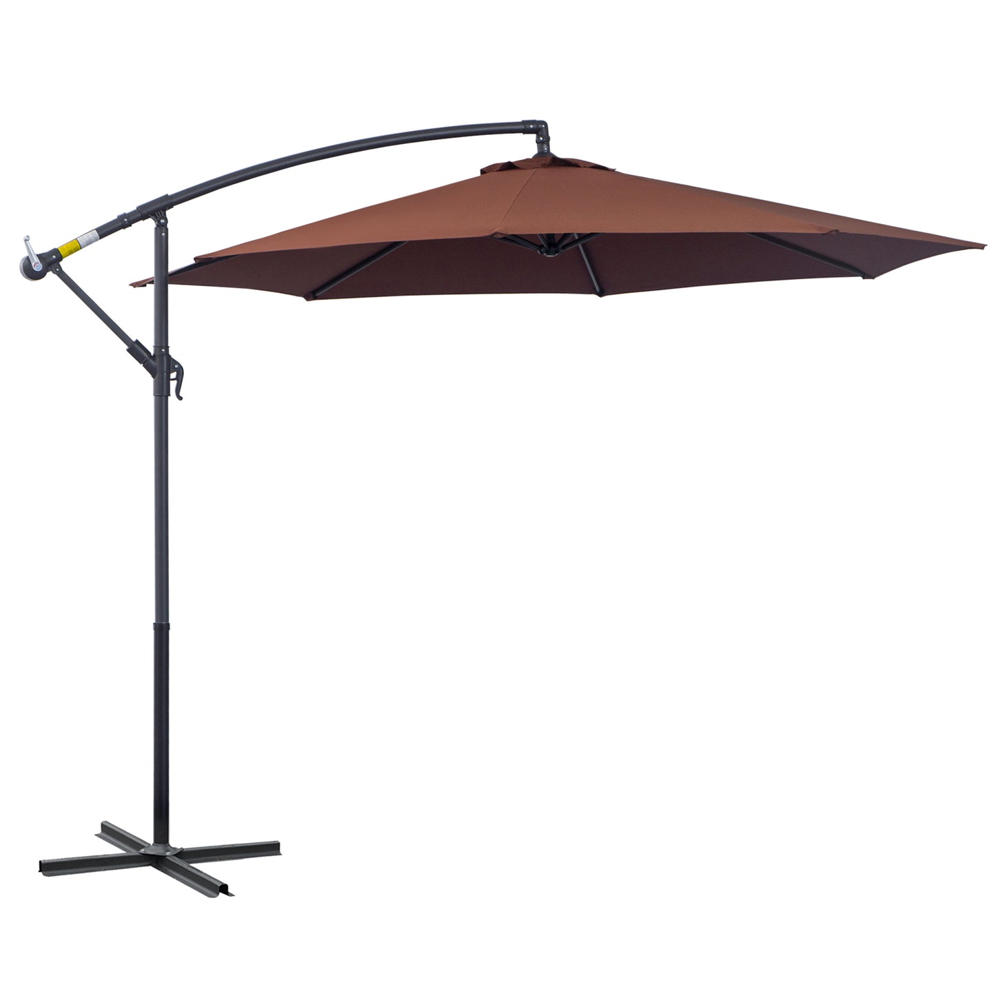 Brown cantilever patio umbrella with a black aluminum frame and cross base perfect for outdoor dining