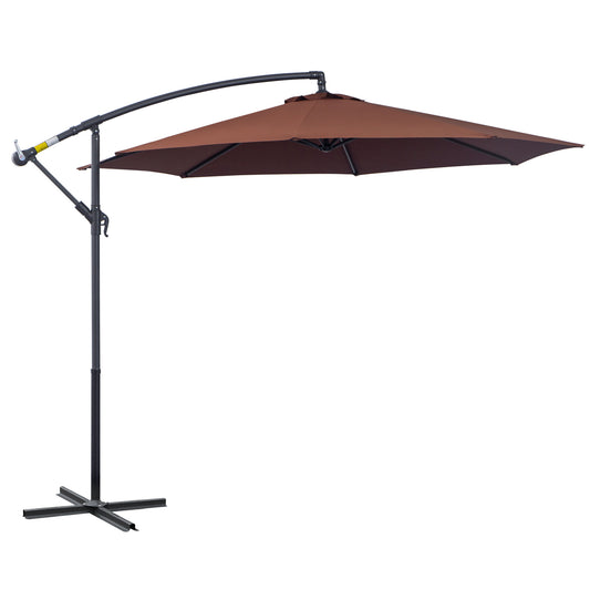 Brown cantilever patio umbrella with a black aluminum frame and cross base perfect for outdoor dining