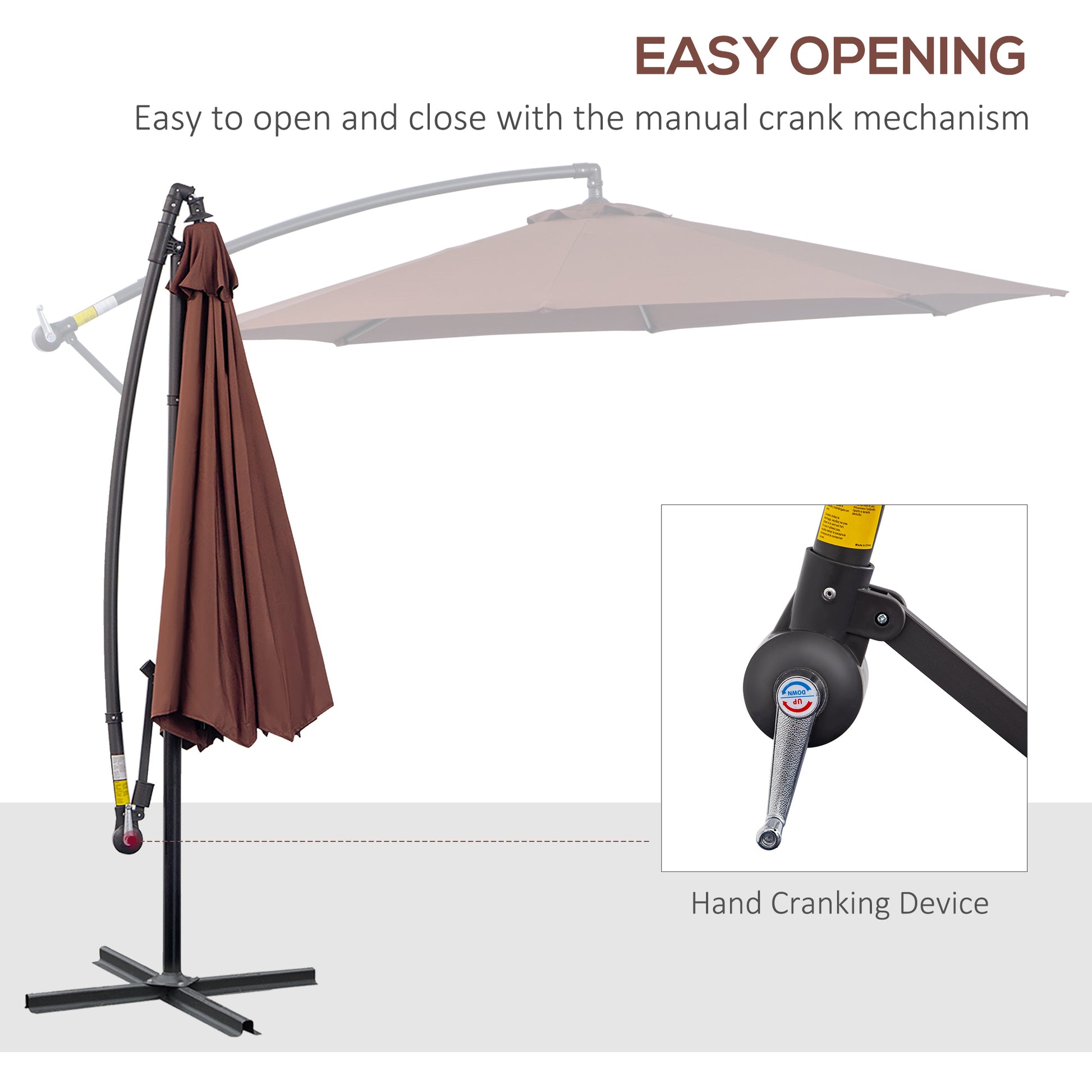 Brown patio umbrella with manual crank mechanism shown in closed position