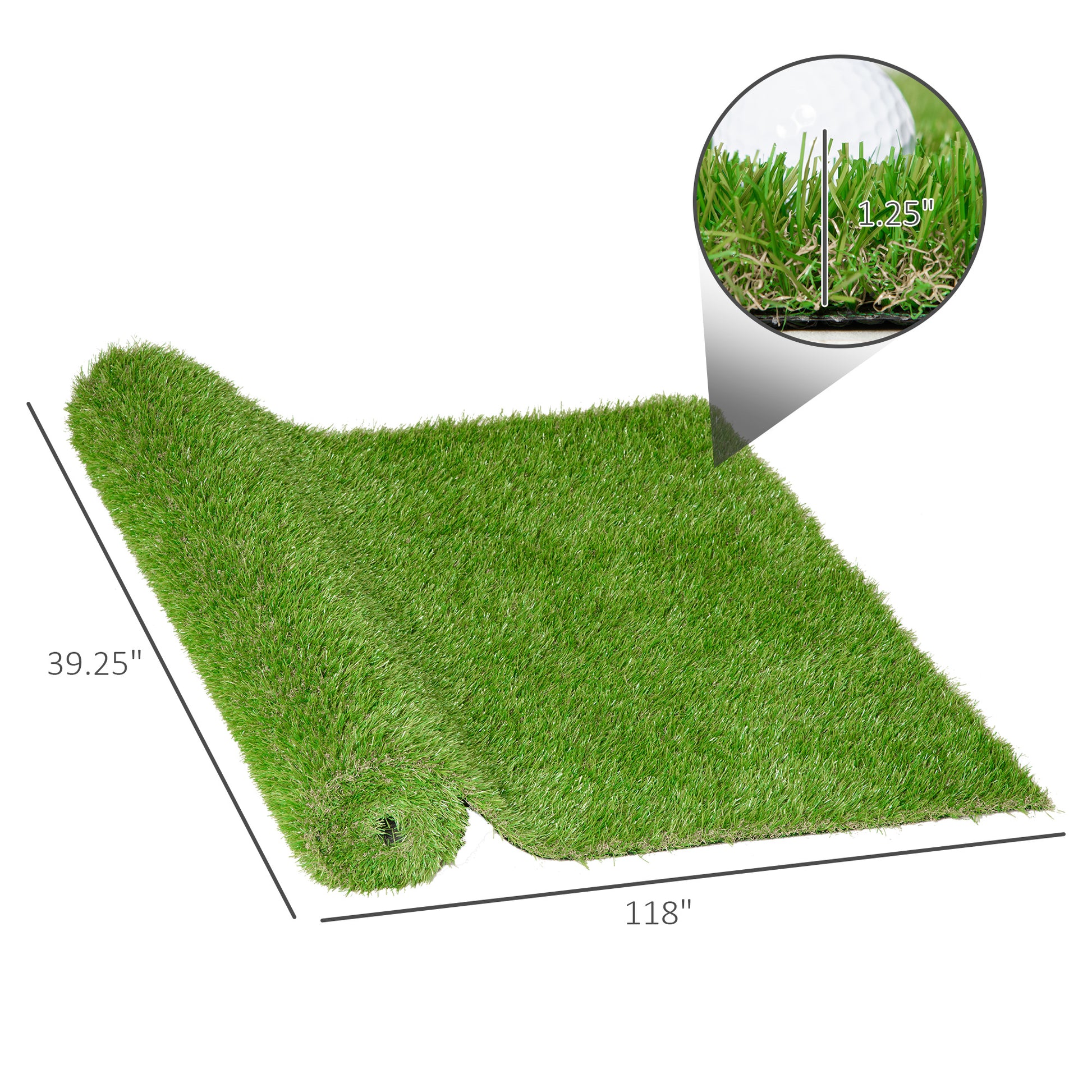 Realistic green artificial turf roll showing inch pile height  wide