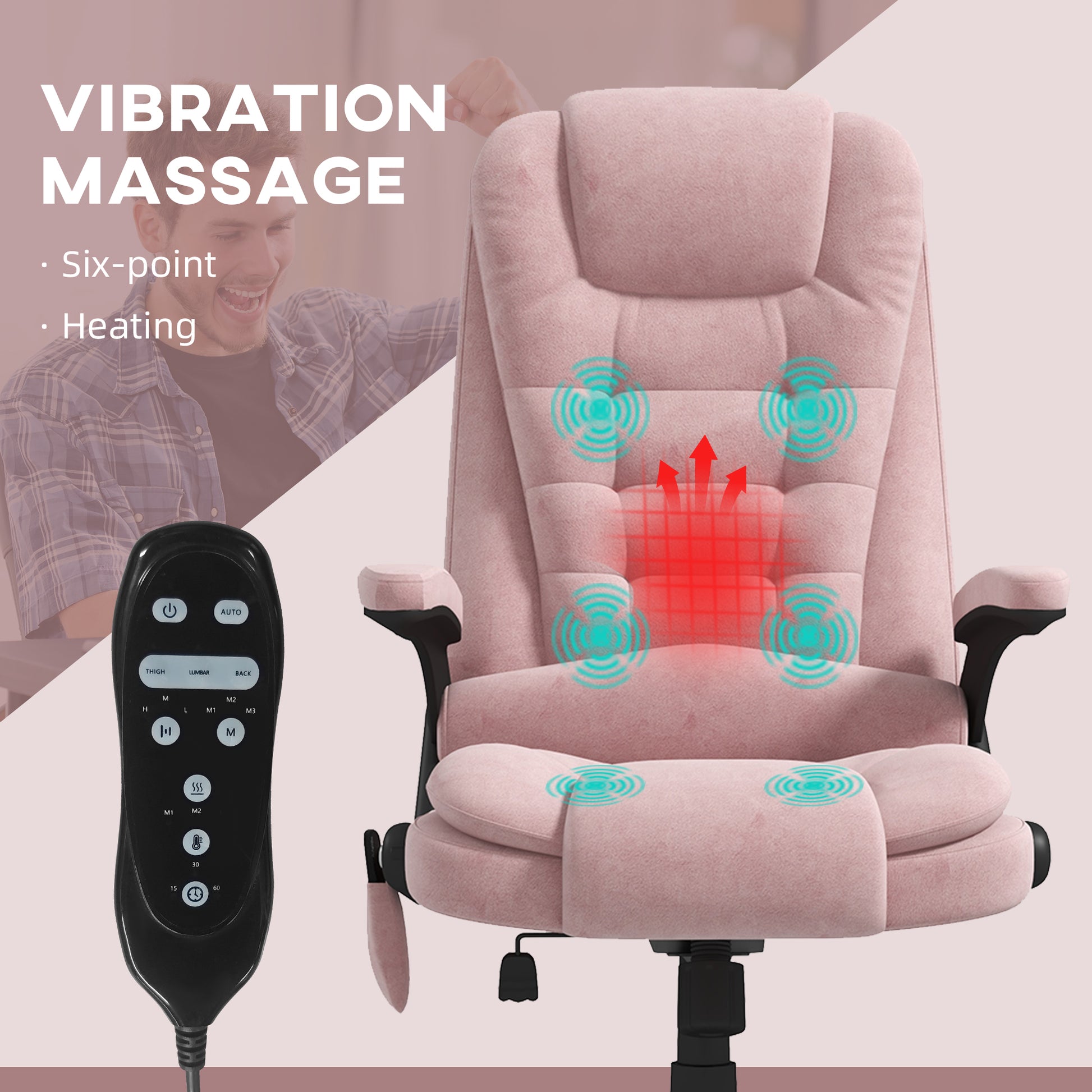 Pink upholstered office chair with sixpoint vibration massage and heating remote control