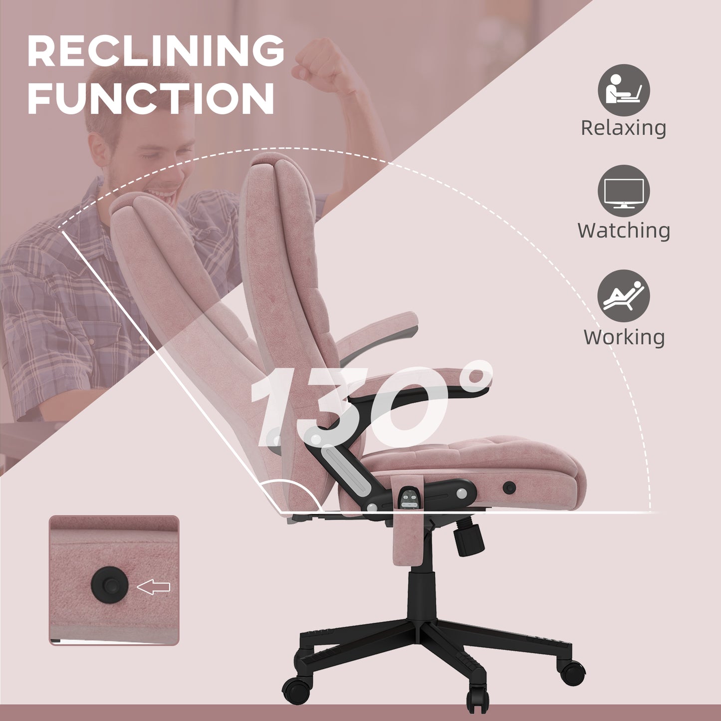 Pink velvet office chair with a degree reclining function for comfort