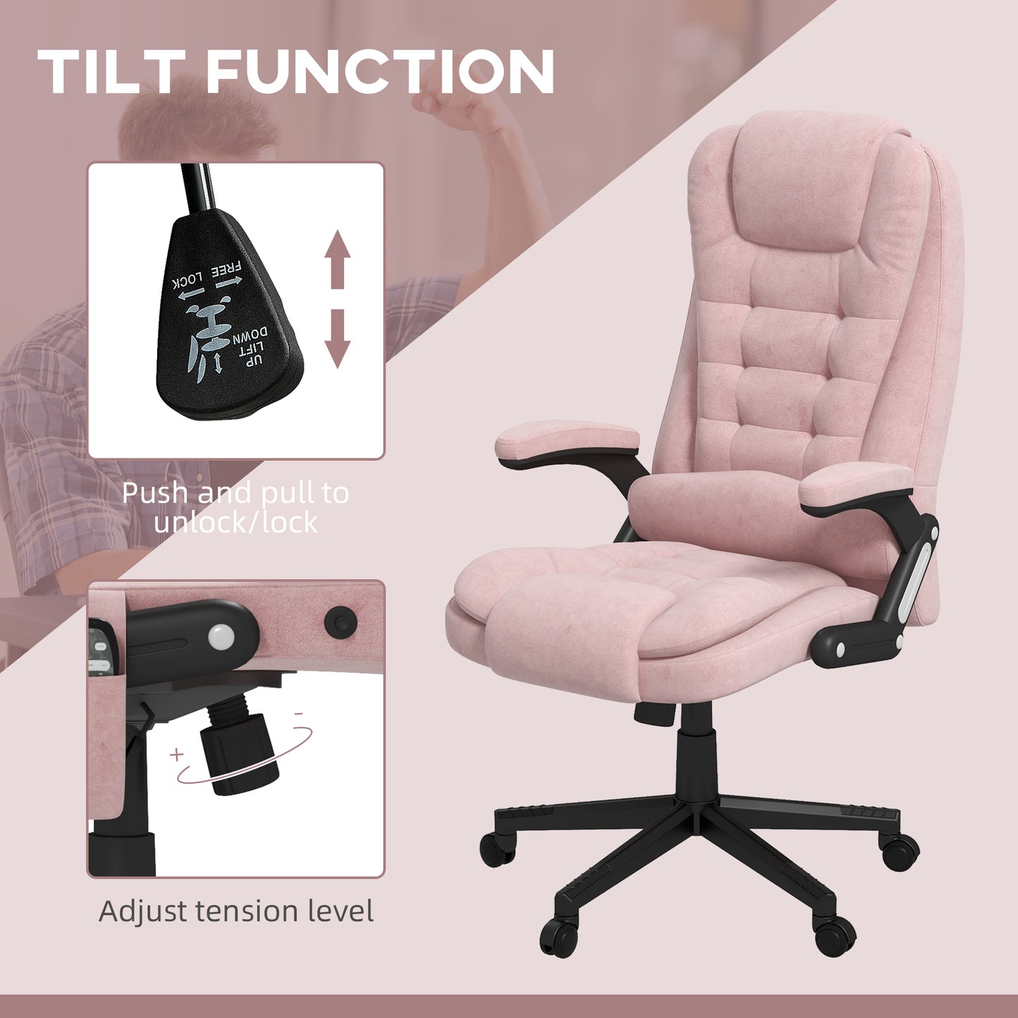 Pink fabric executive chair with adjustable tilt and tension for comfort