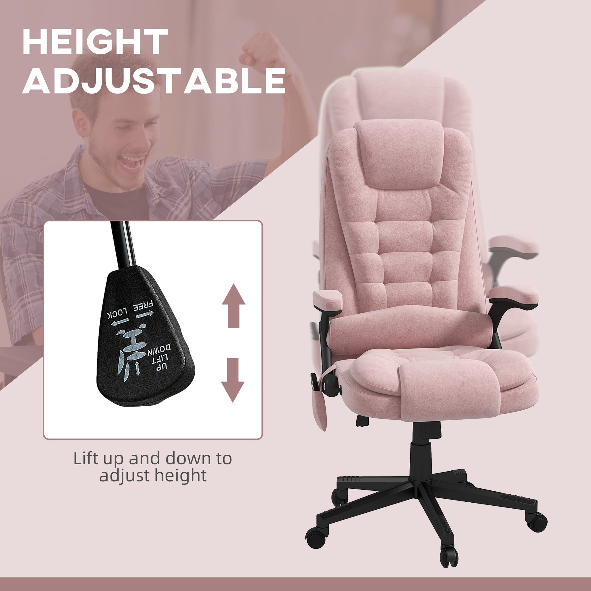 Pink ergonomic office chair with height adjustment lever