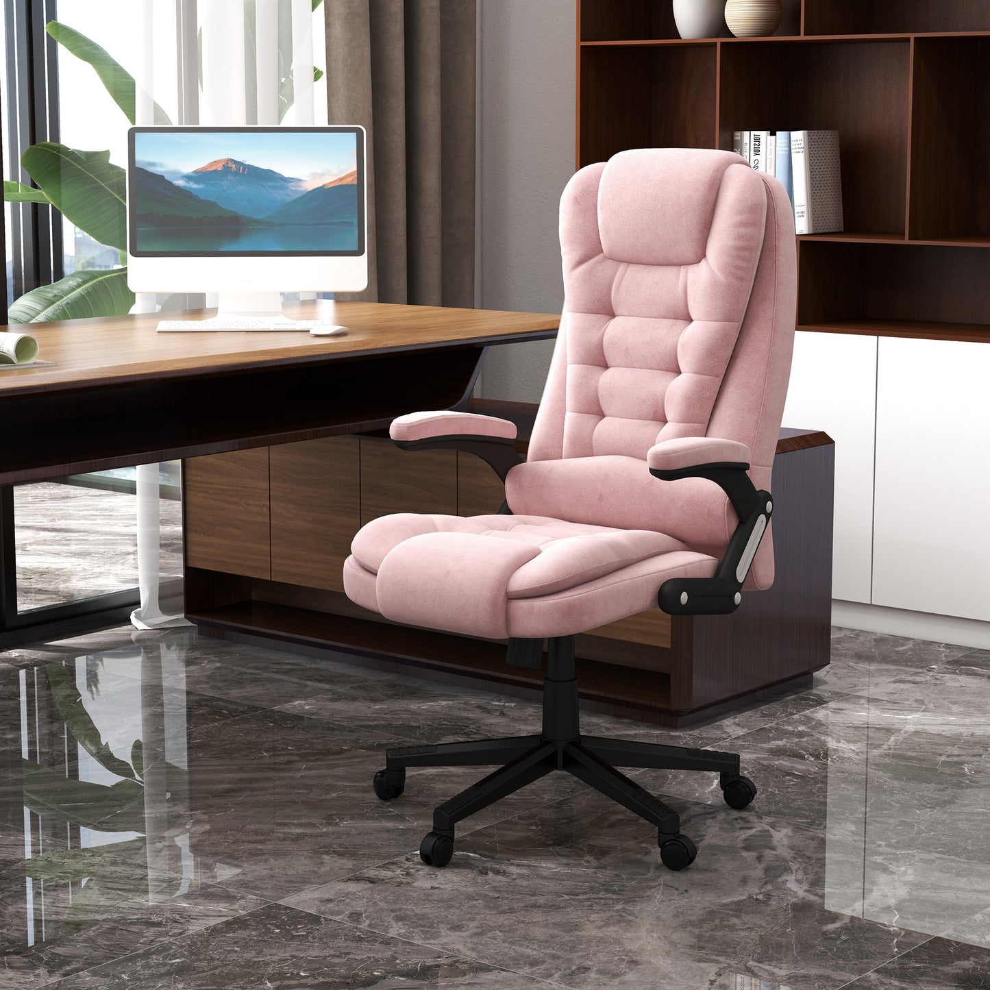 Plush pink ergonomic office chair with padded armrests and tufted back