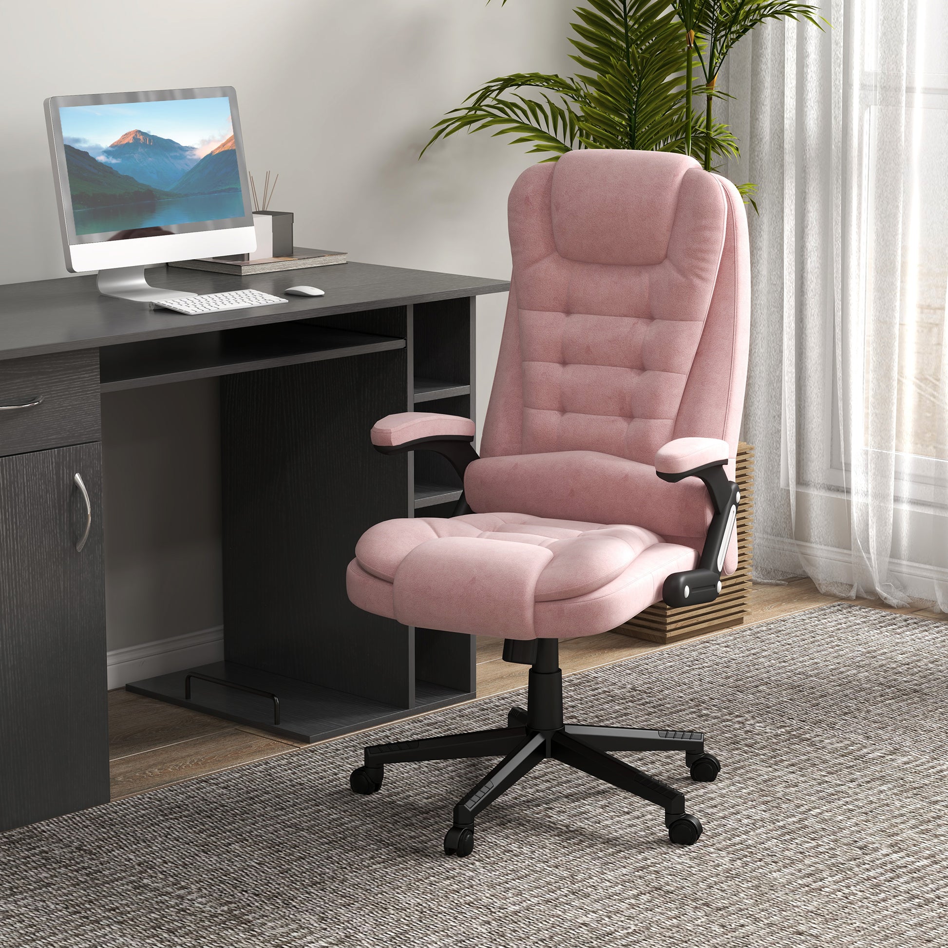 Plush pink ergonomic office chair with adjustable armrests and lumbar support for home office comfort
