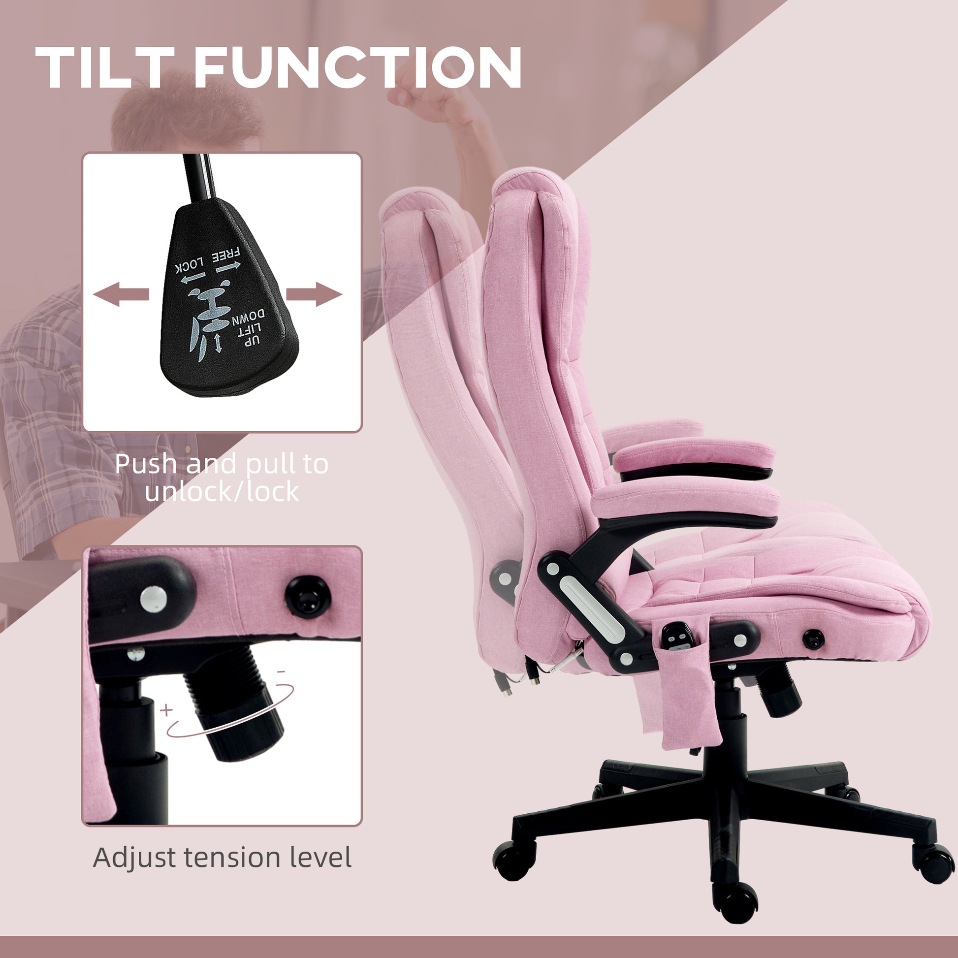 Pink gaming chair with adjustable tilt function and tension lever for comfort