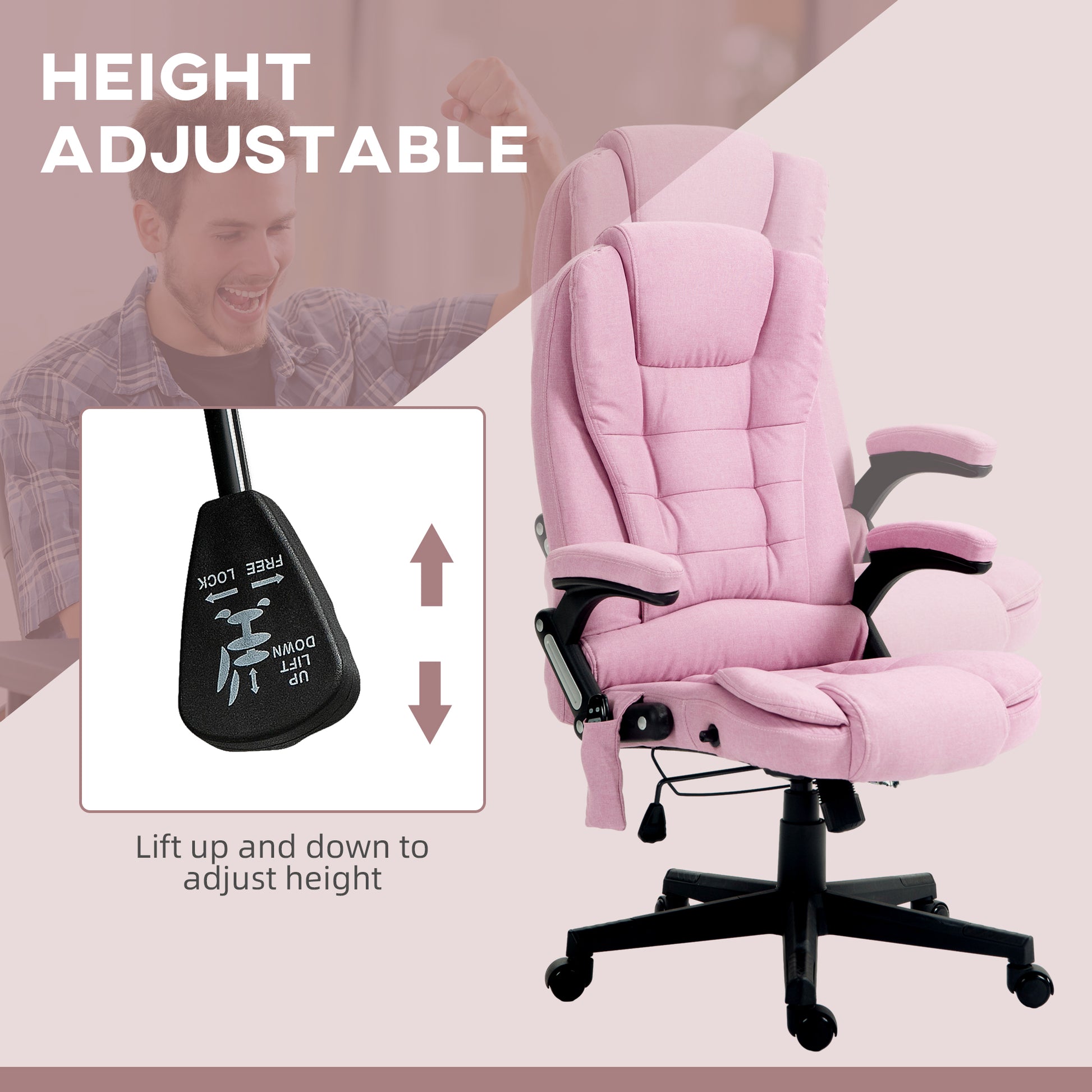 Pink fabric computer chair with height adjustment lever and padded arms for home office use