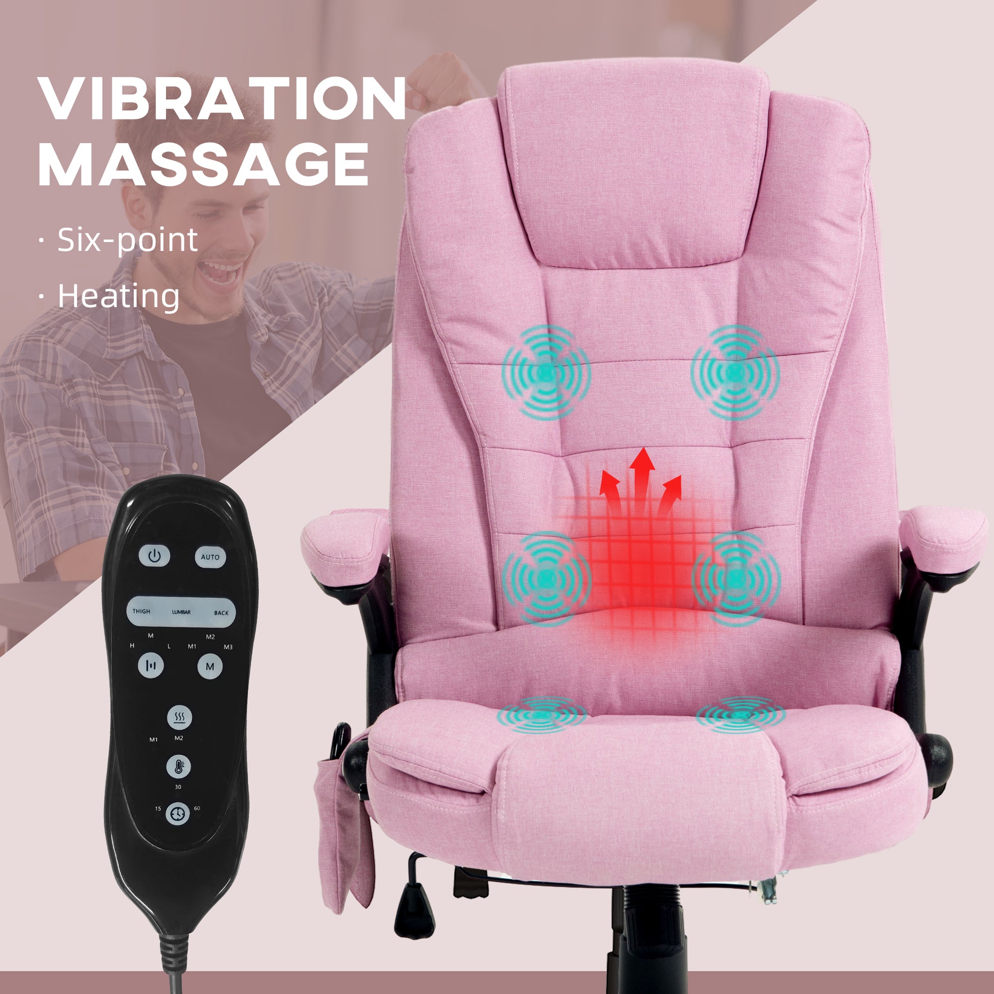 Pink ergonomic chair with vibration massage and heating functions