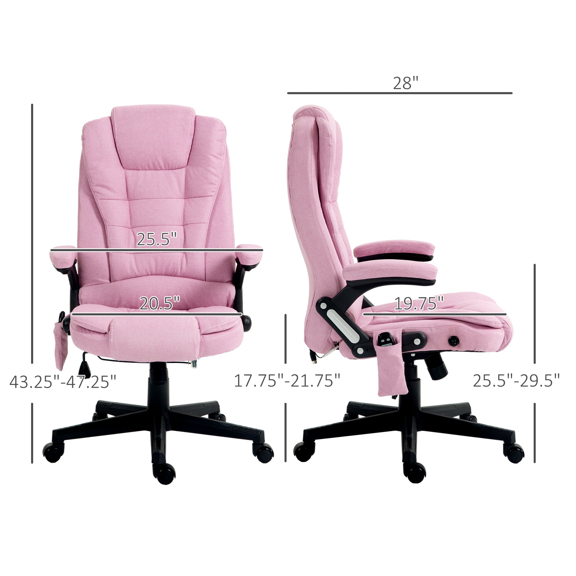 Pink upholstered ergonomic office chair with adjustable footrest shown front and side