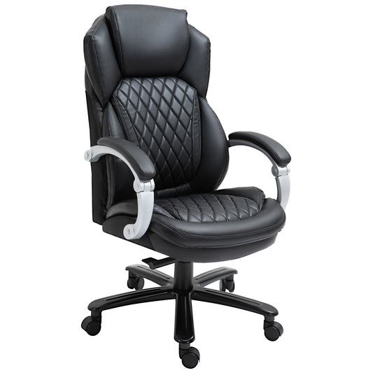 Executive black leather office chair with diamond stitching and silver armrests