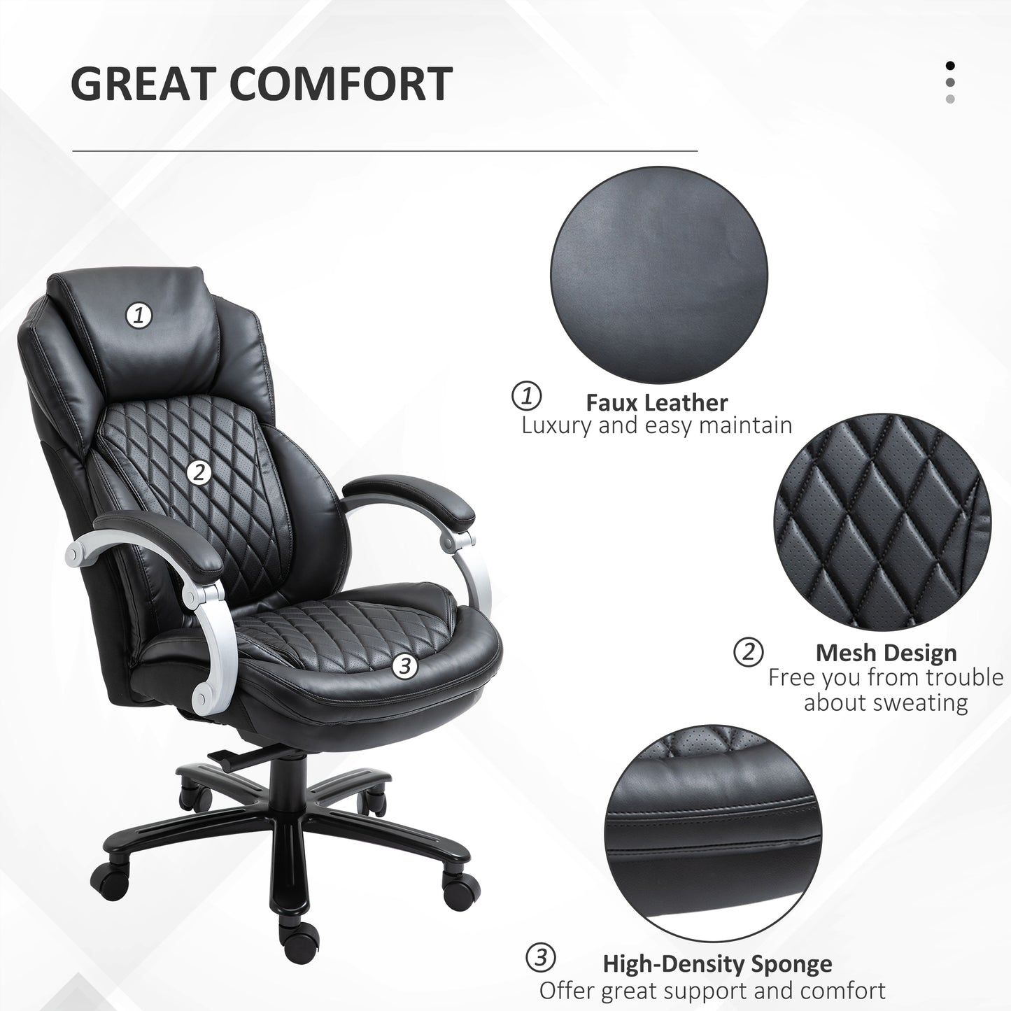 Black executive office chair with diamondstitched faux leather upholstery and silver armrests