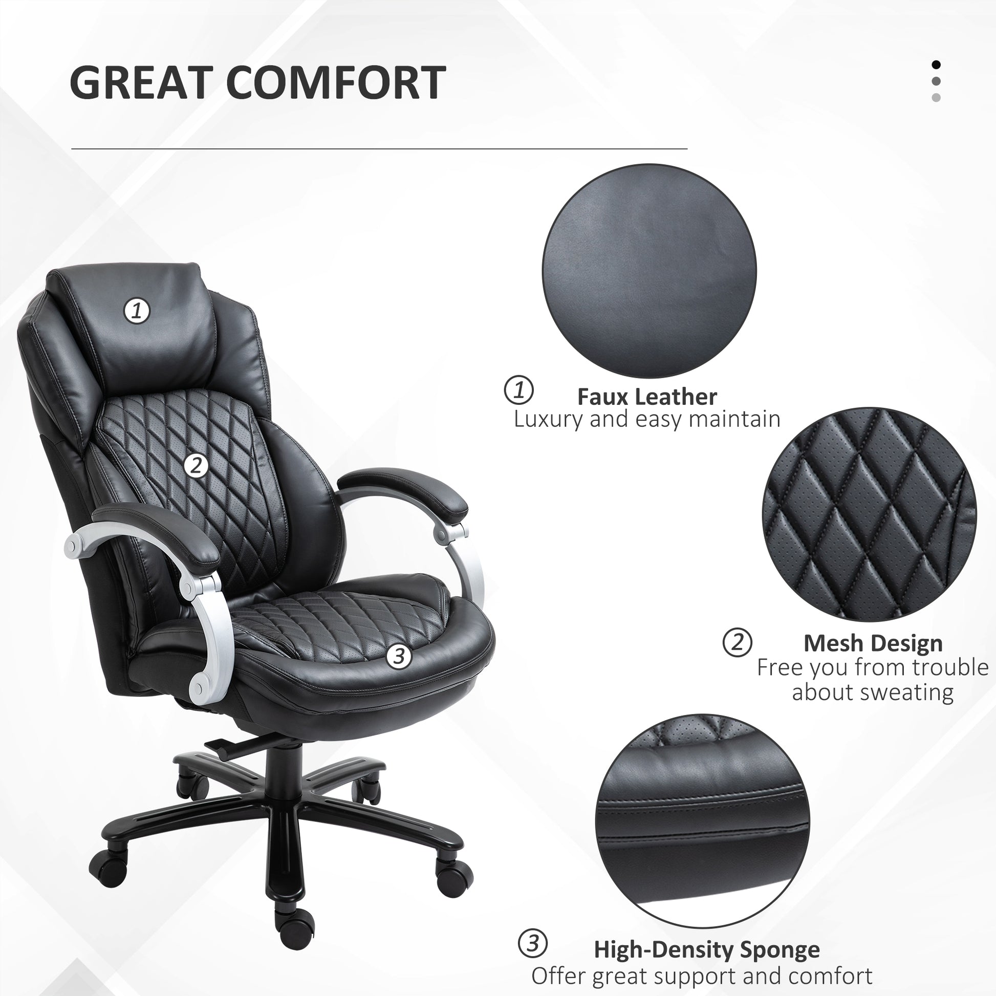 Black executive office chair with diamondstitched faux leather upholstery and silver armrests
