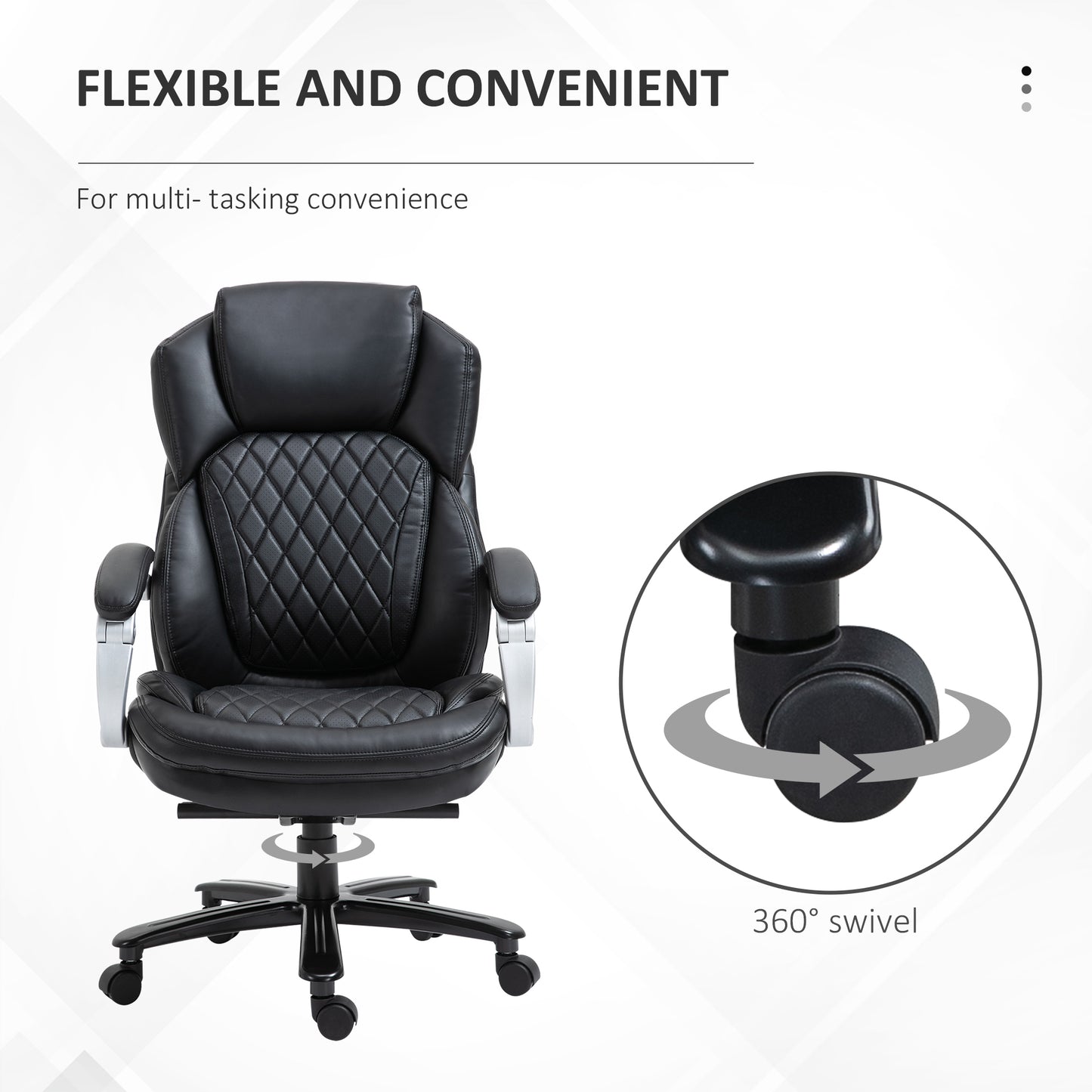 Black ergonomic office chair with quilted faux leather upholstery and degree swivel base