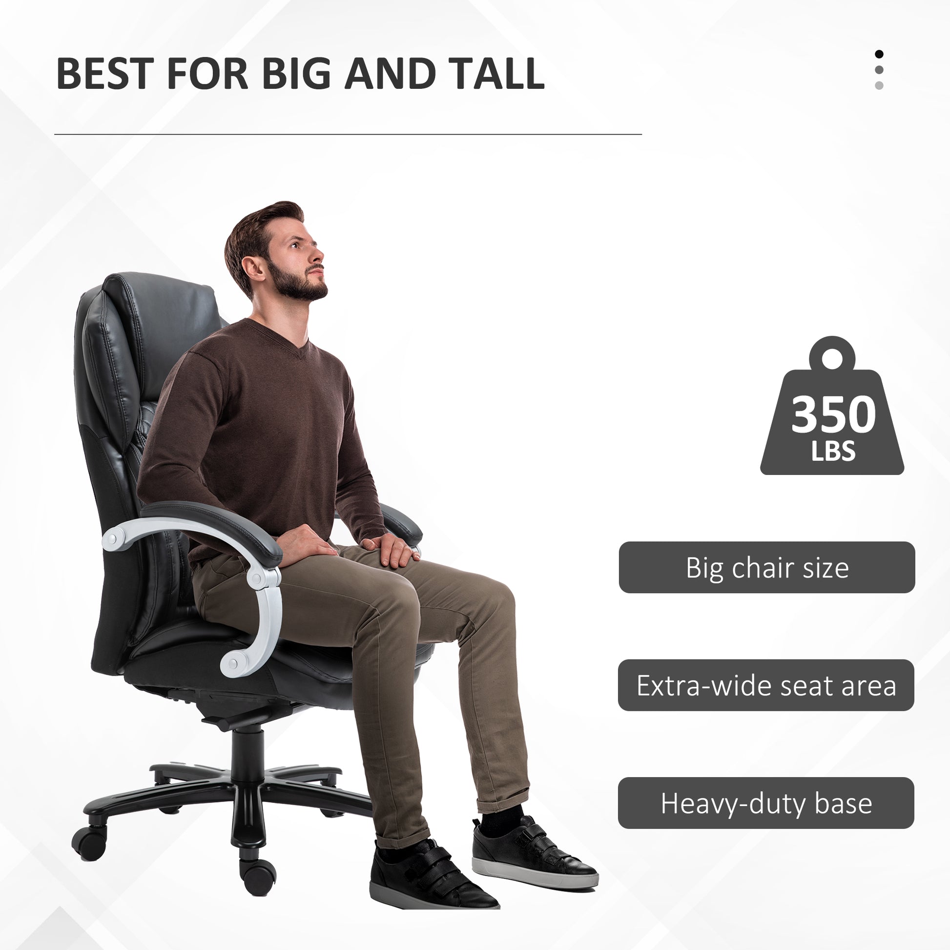 Man sitting in a black faux leather executive chair designed for big and tall users