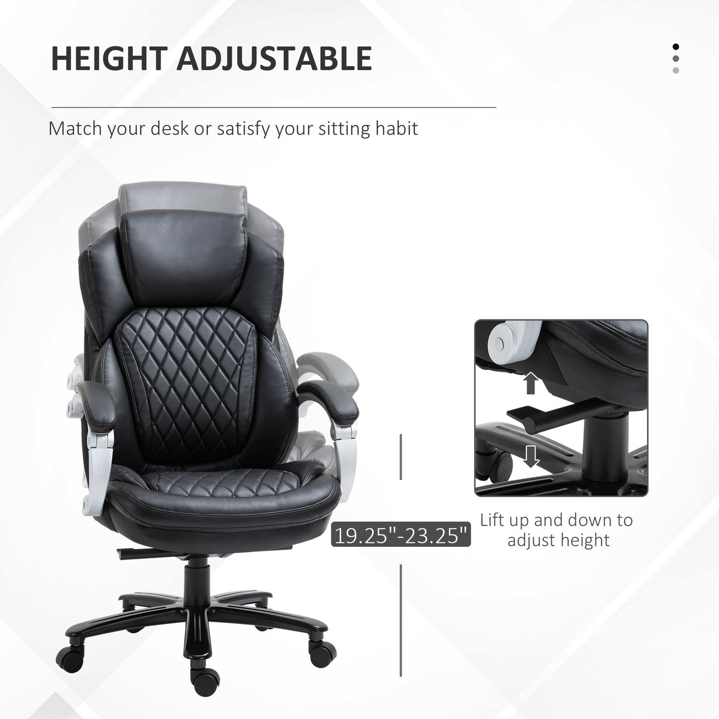 Black executive office chair with diamondstitched vegan leather upholstery and adjustable height