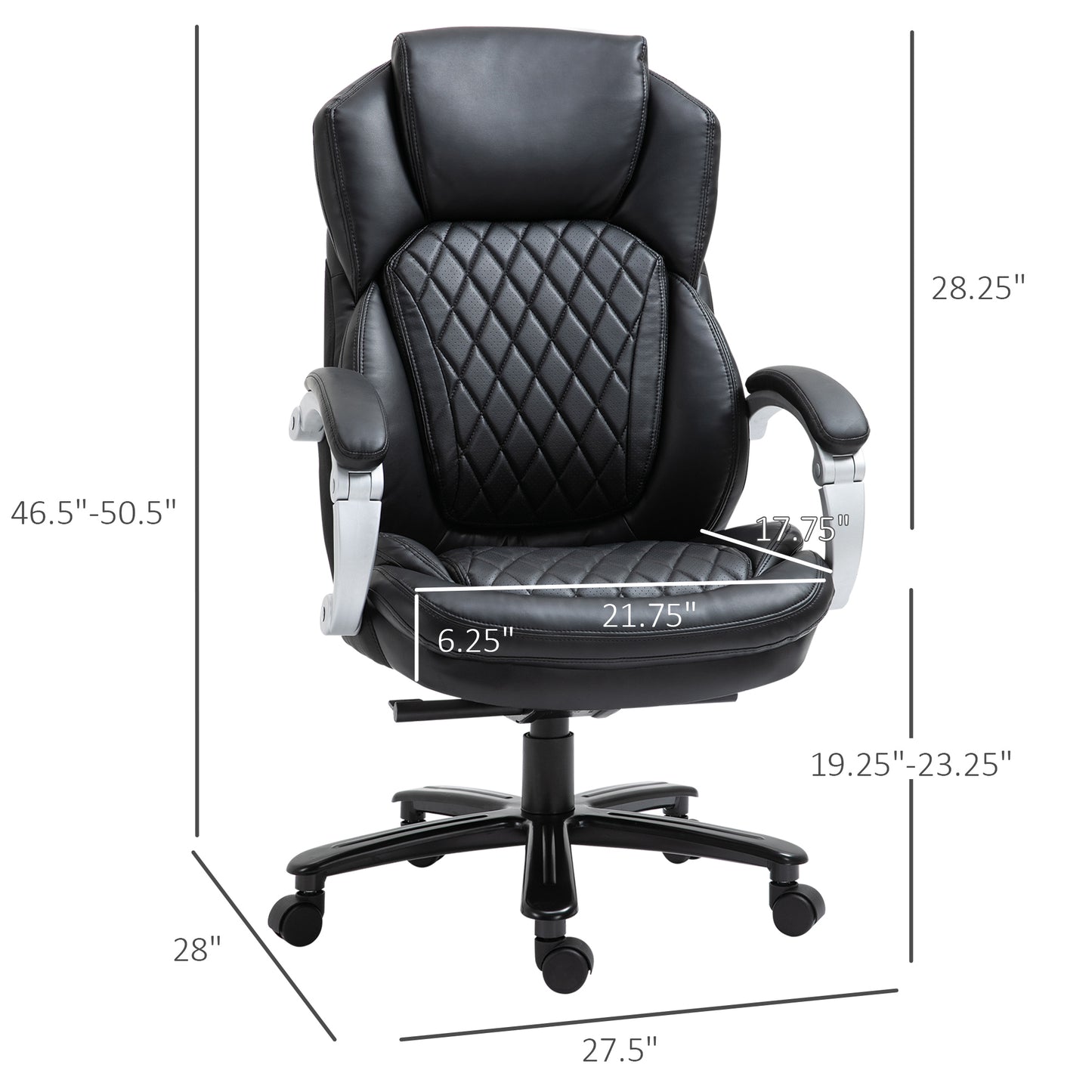 Black executive office chair with quilted diamond stitching on seat and backrest