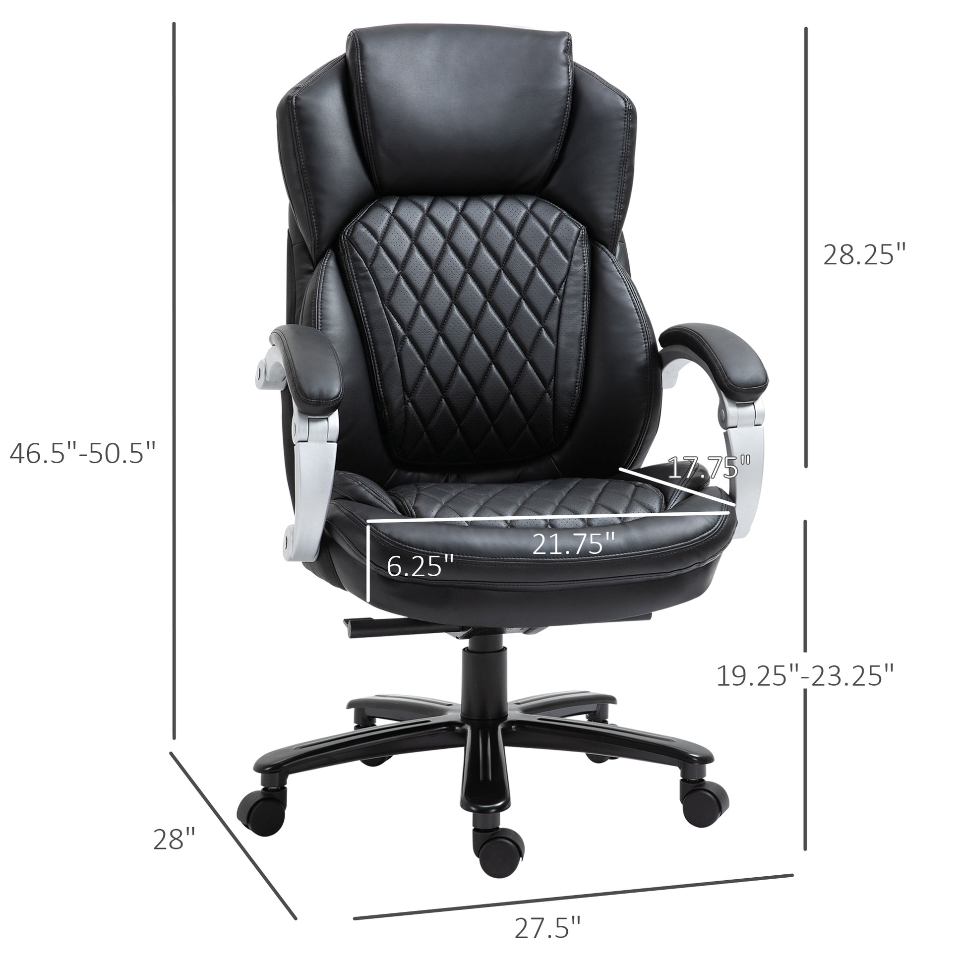 Black executive office chair with quilted diamond stitching on seat and backrest