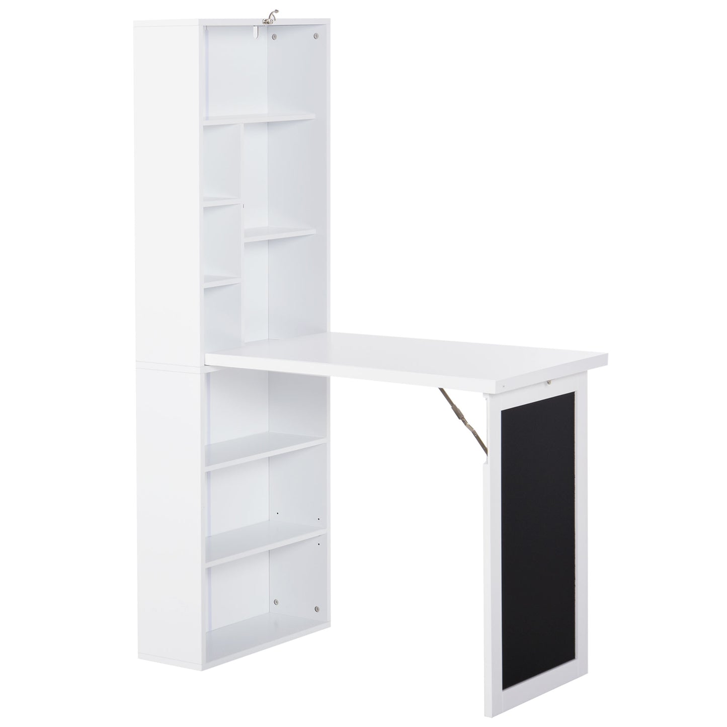White wallmounted desk with shelves and blackboard for small spaces