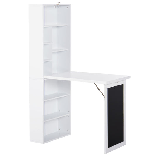 White wallmounted desk with shelves and blackboard for small spaces