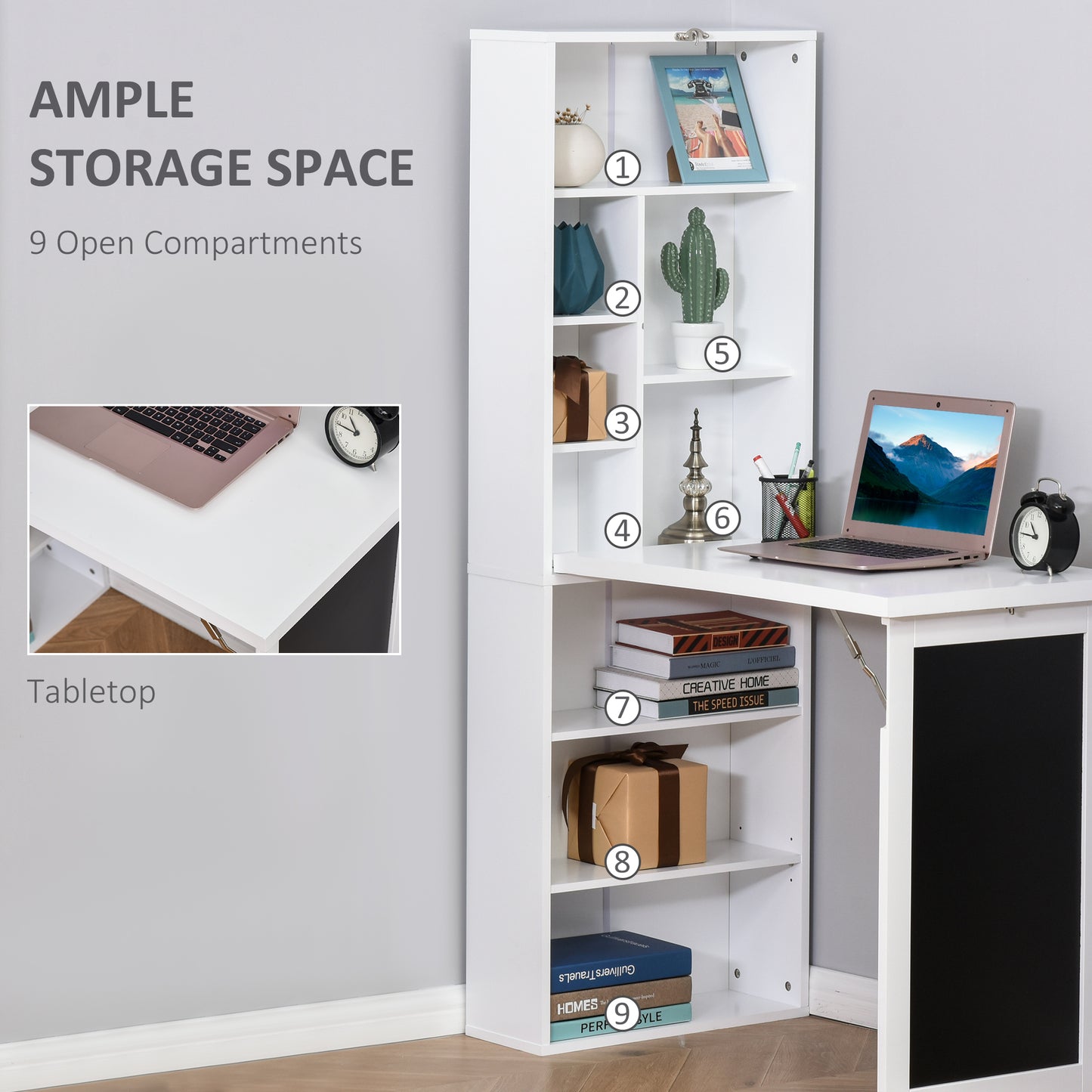 White modern bookshelf with  open compartments storing decor books and gifts