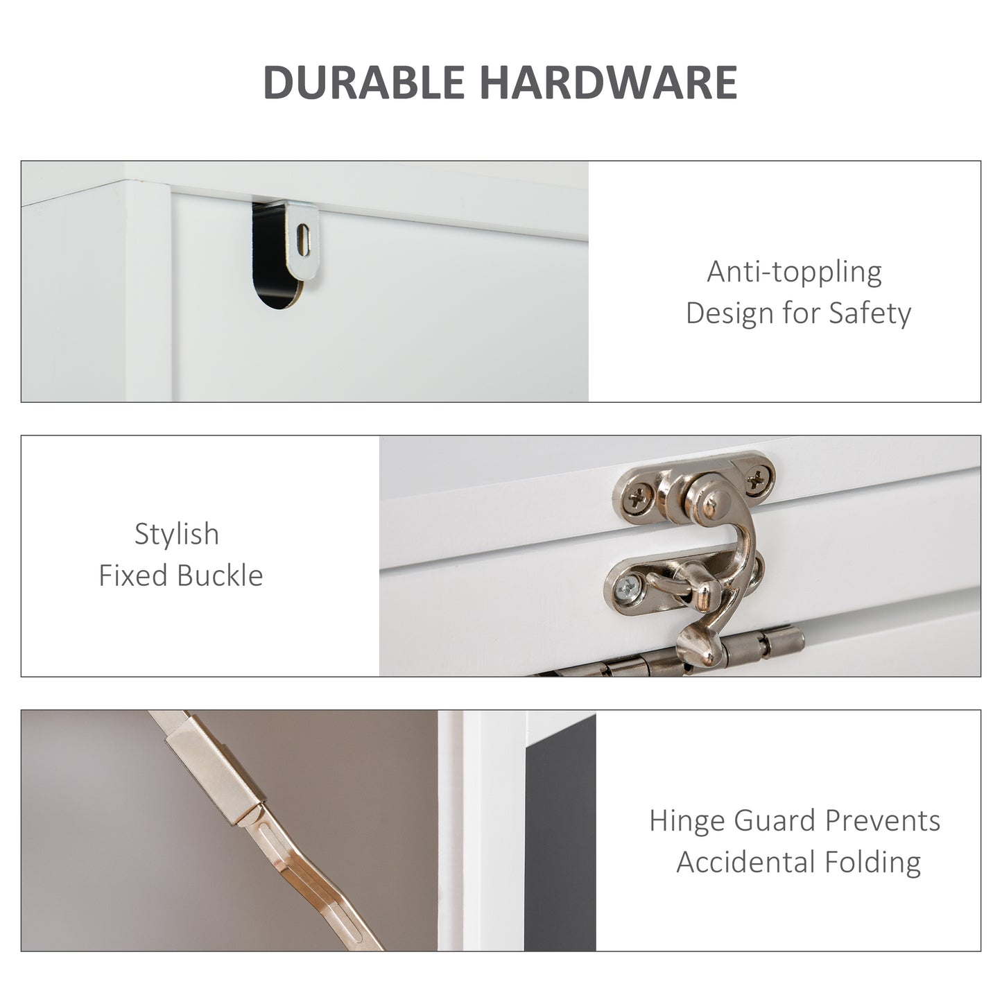 White dresser with antitoppling hardware for safety