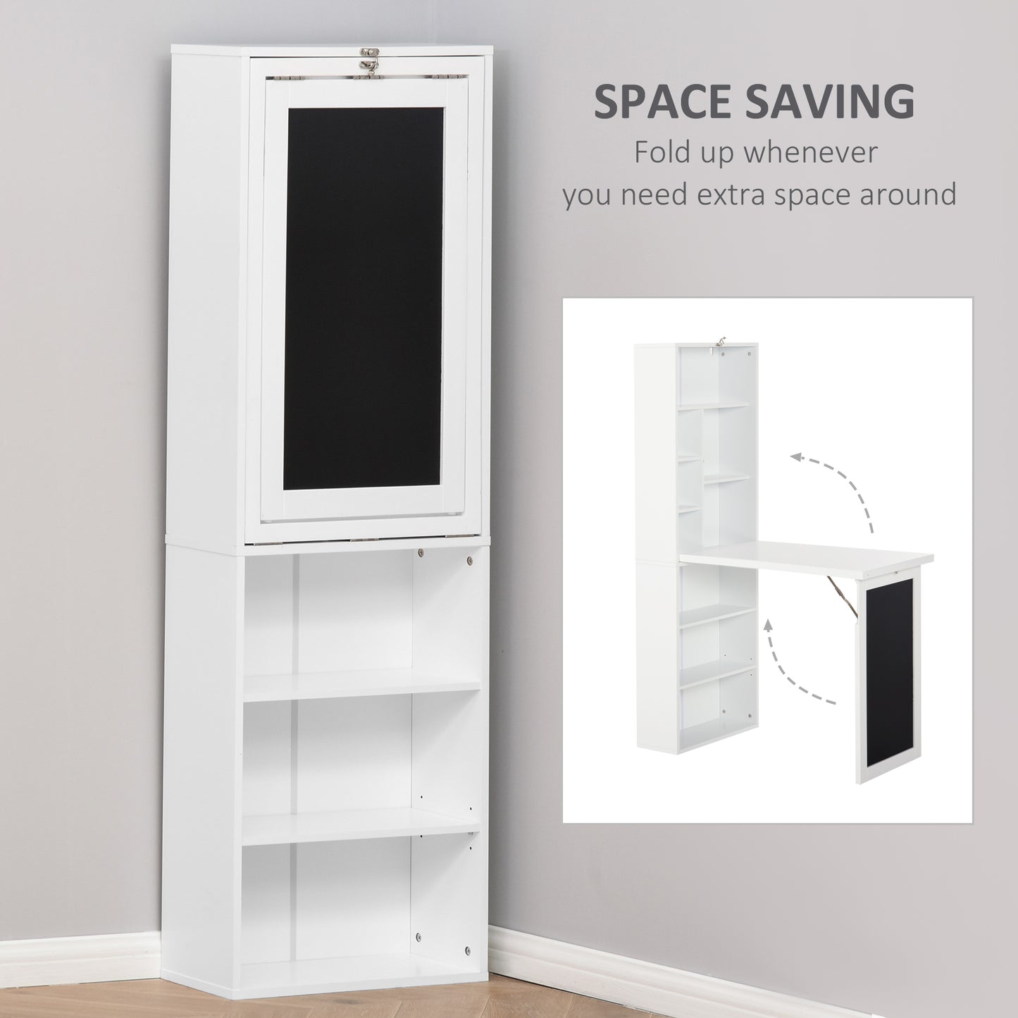 White wallmounted folding desk with shelves and chalkboard perfect for small spaces