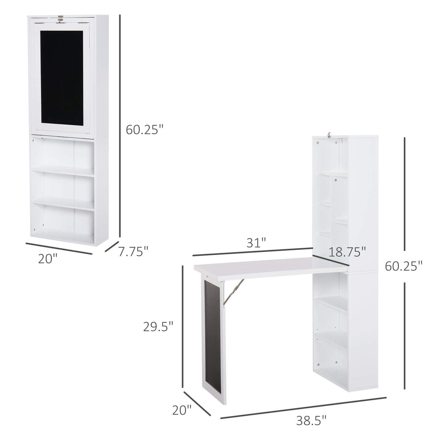 White folding wall mounted desk with shelves and chalkboard door  high