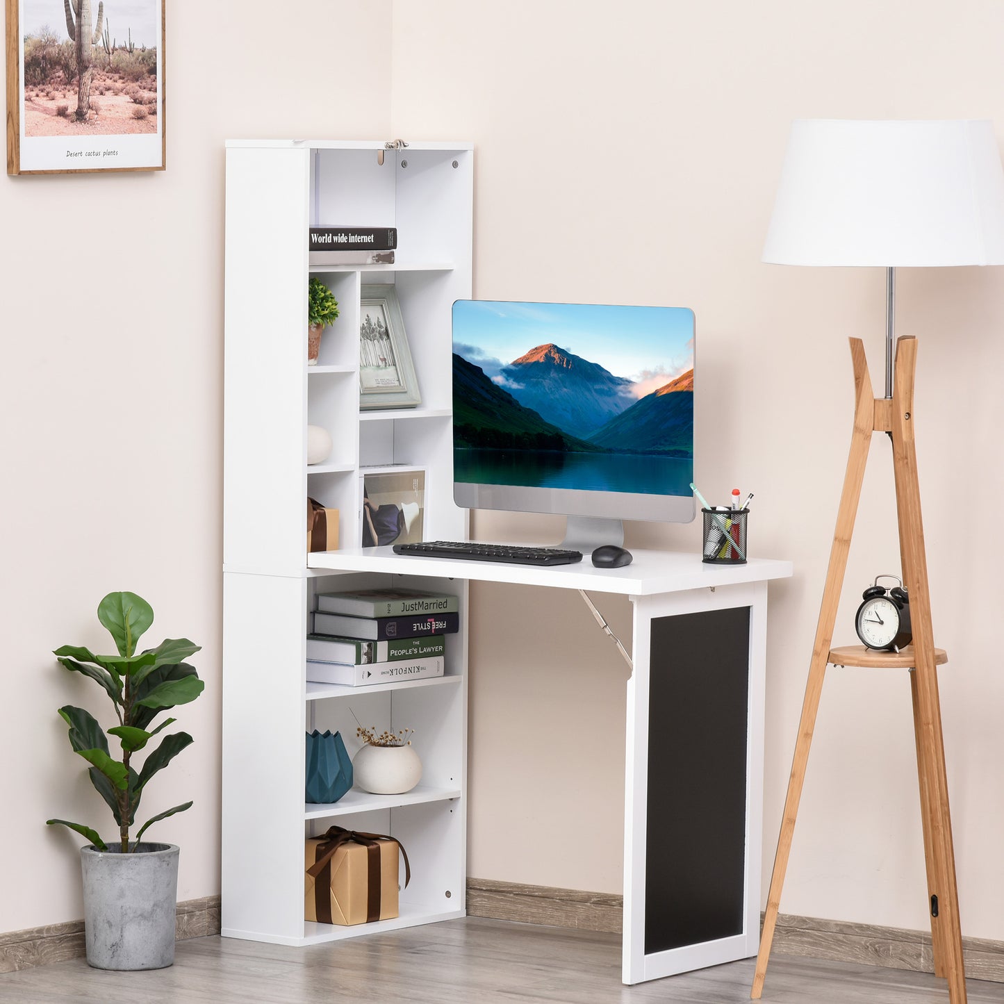 White folding computer desk with open shelving and a black panel
