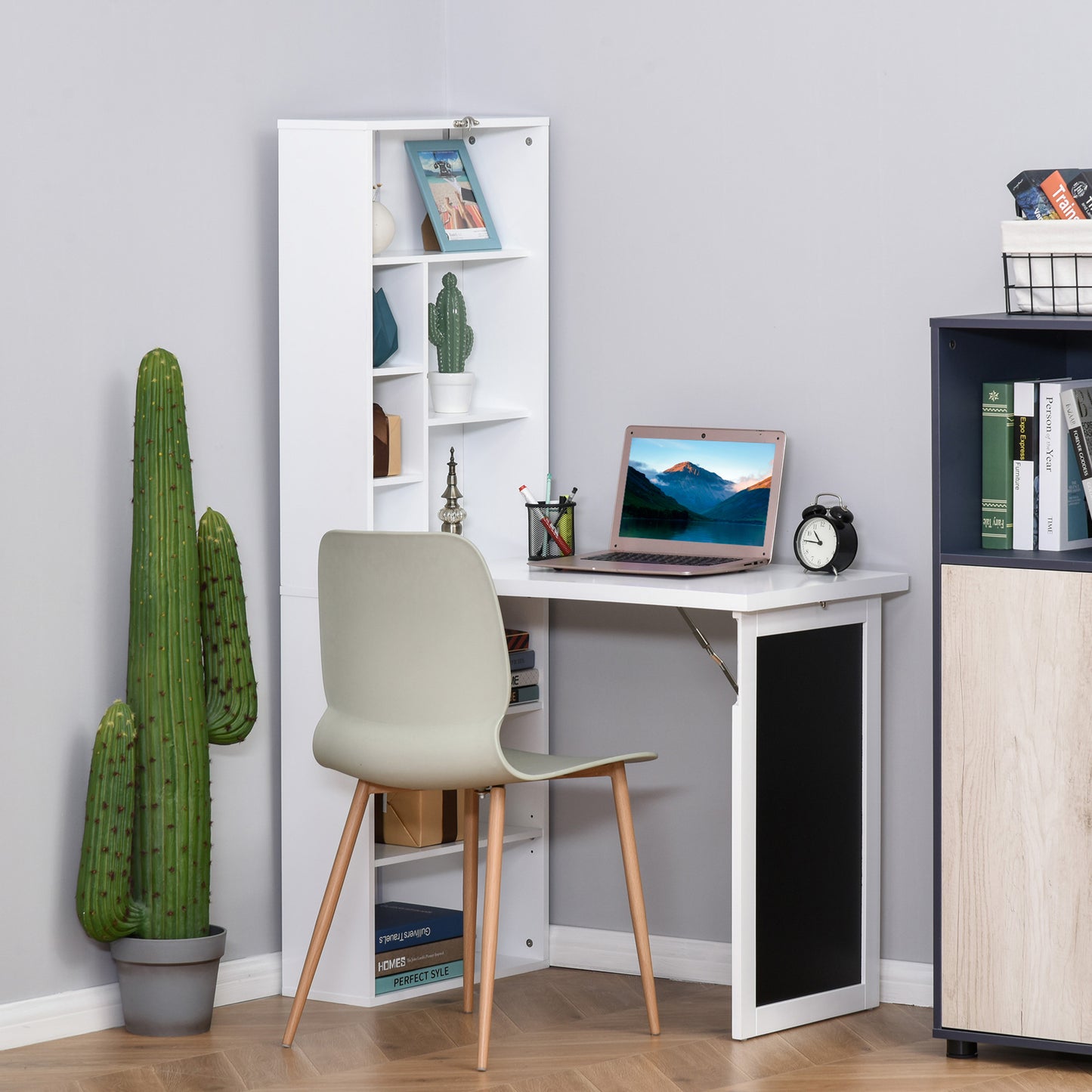 White corner desk with a laptop and chair in a modern home office setting