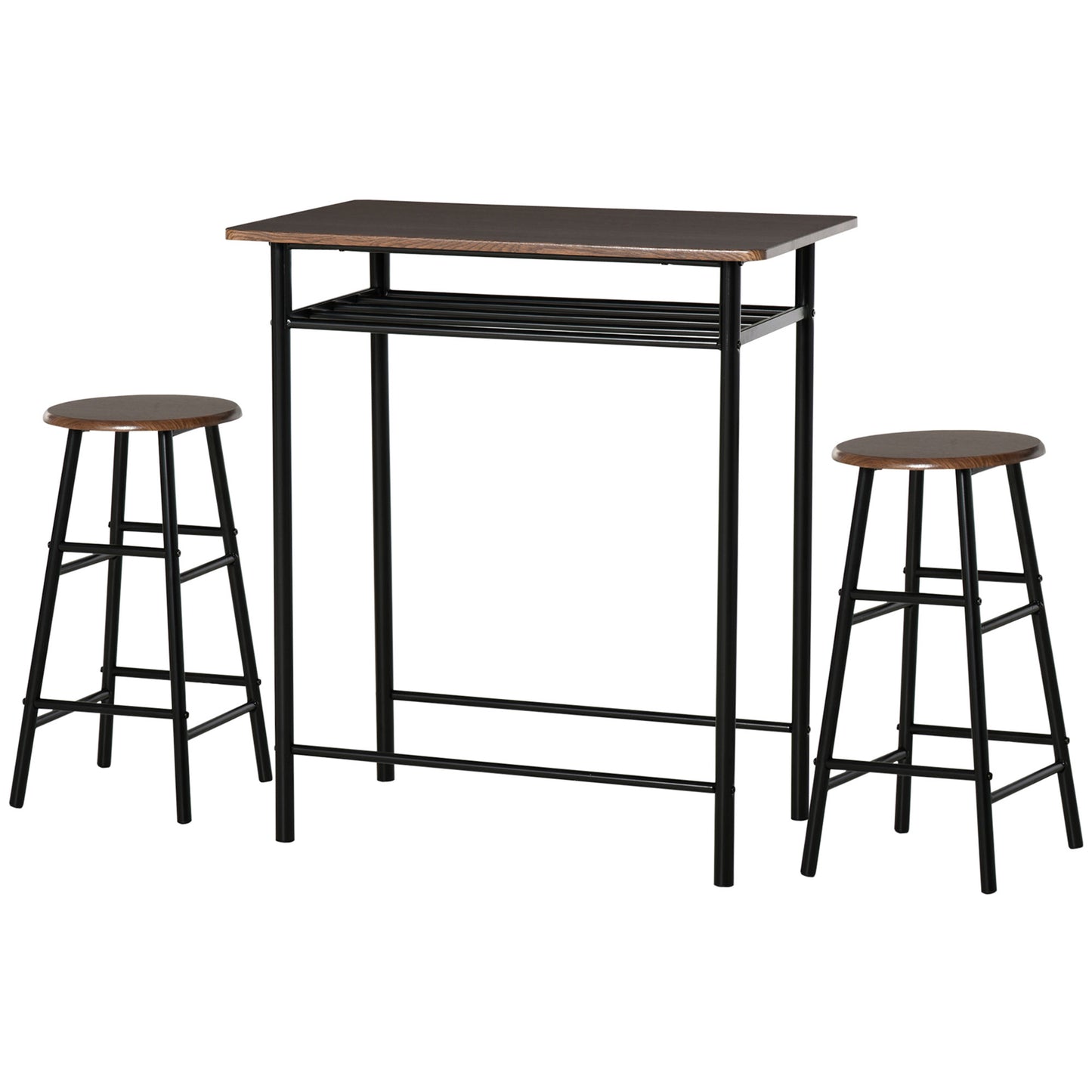 Tall industrial bar table with walnutlook top and black metal frame includes two stools