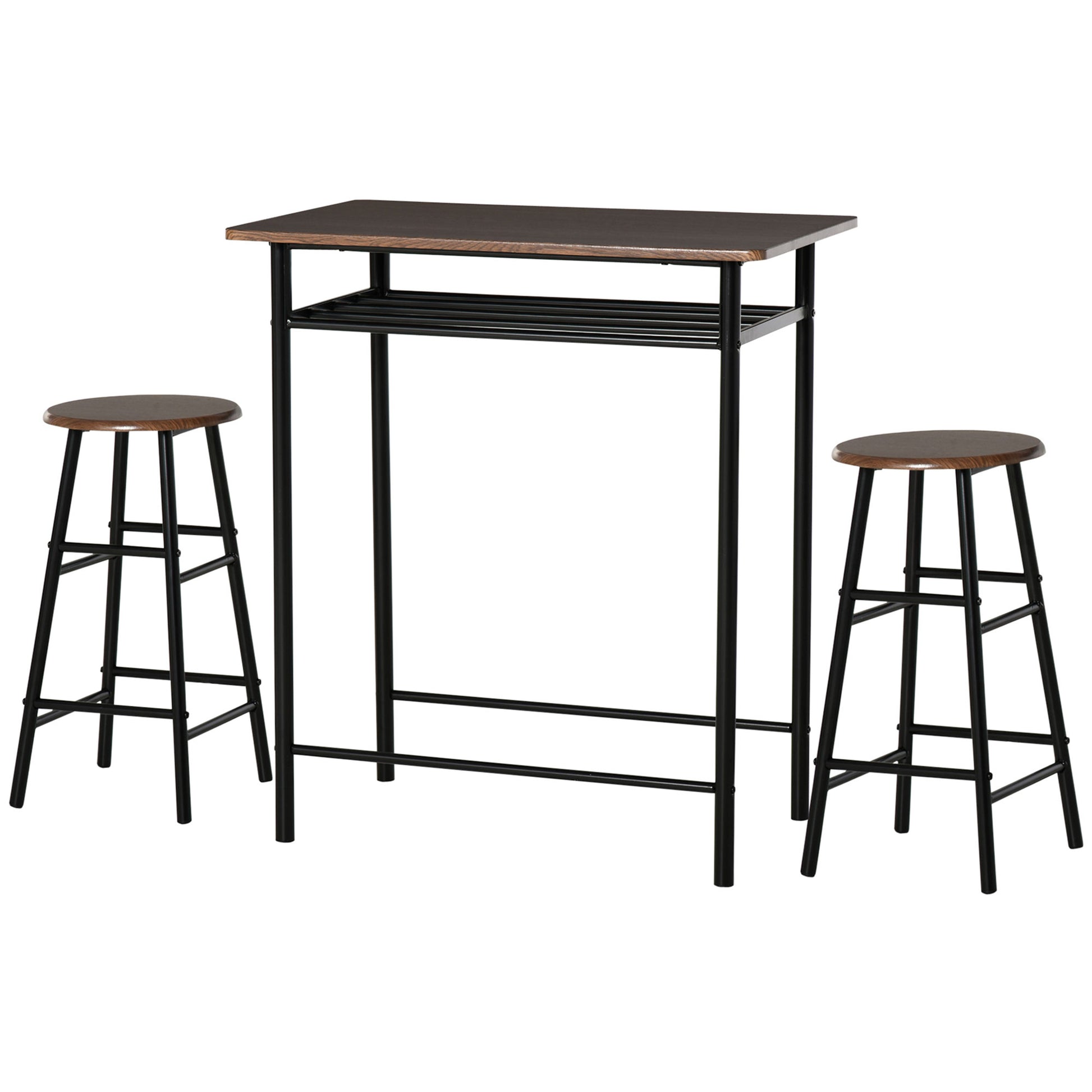Tall industrial bar table with walnutlook top and black metal frame includes two stools
