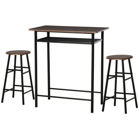 Tall industrial bar table with walnutlook top and black metal frame includes two stools