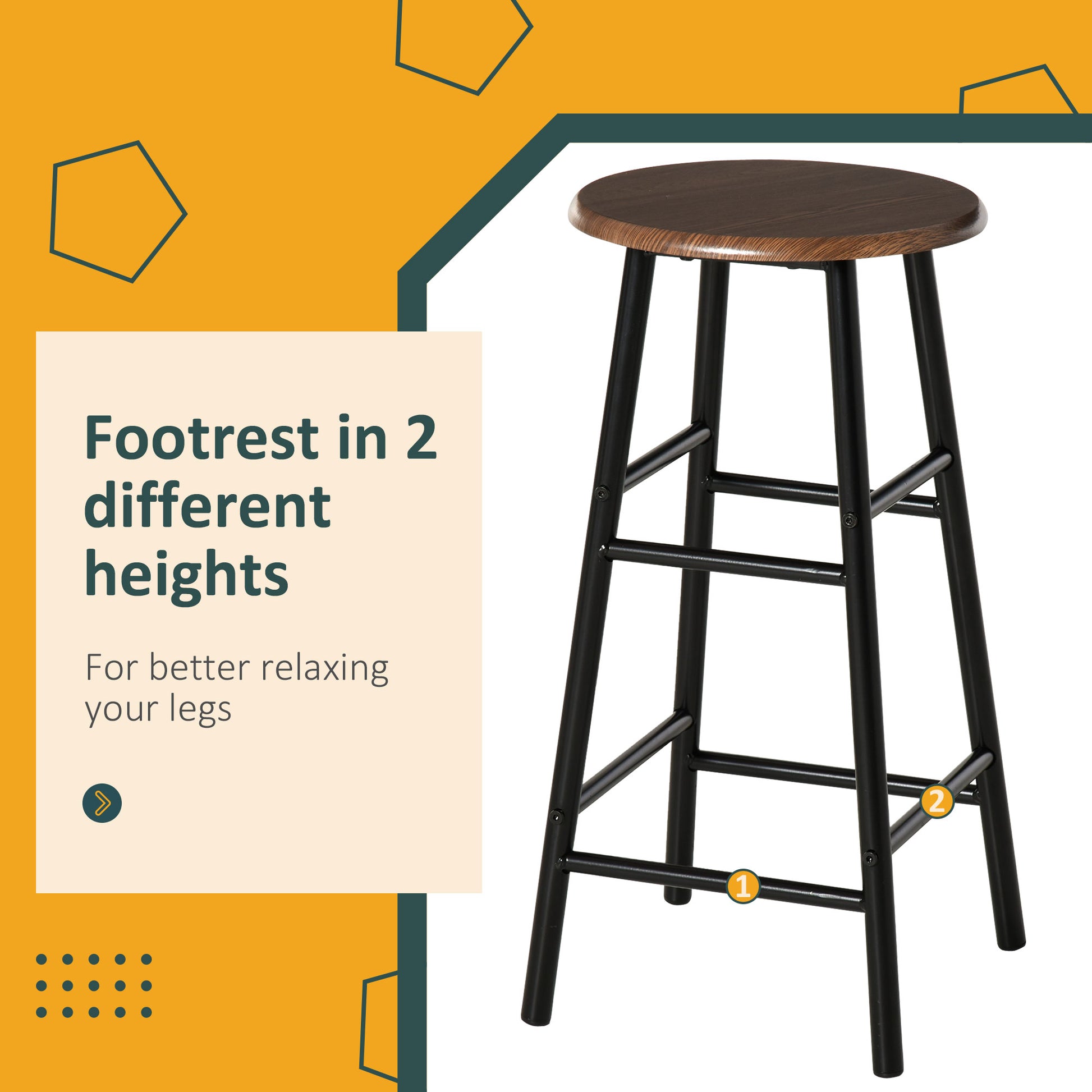 Wooden top counter stool with black metal legs and footrests perfect for kitchens