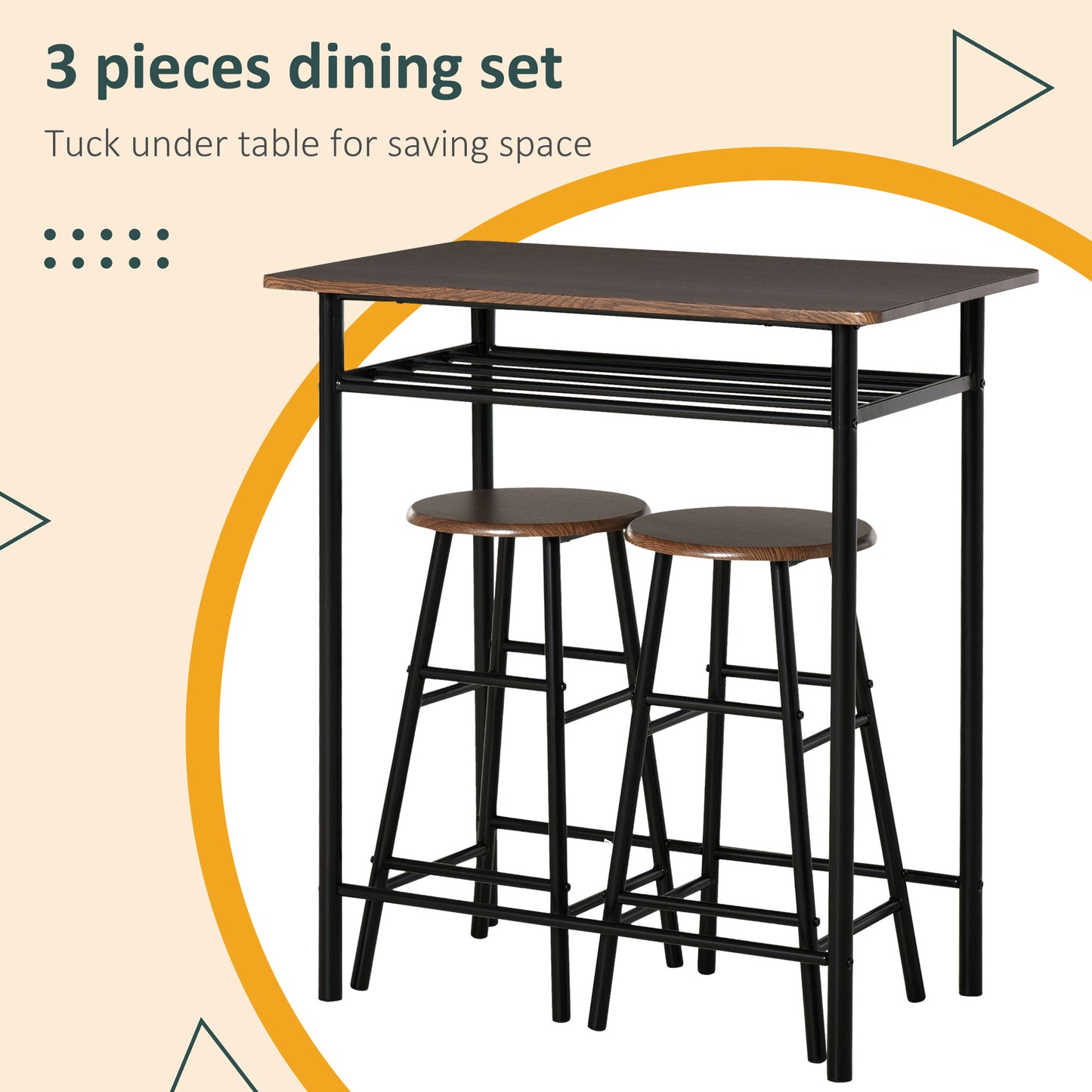 Compact black metal piece dining set with dark wood top and stools