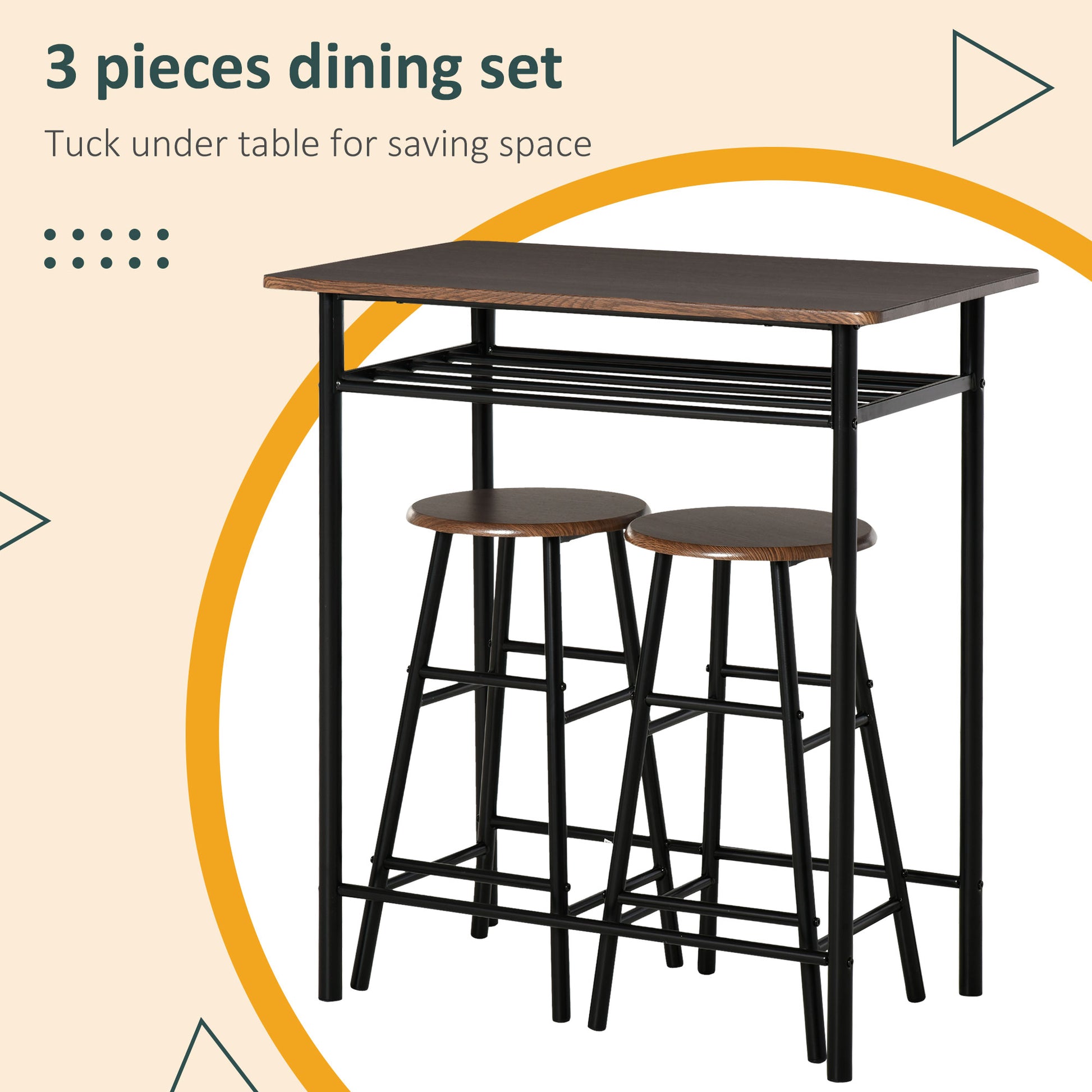 Compact black metal piece dining set with dark wood top and stools