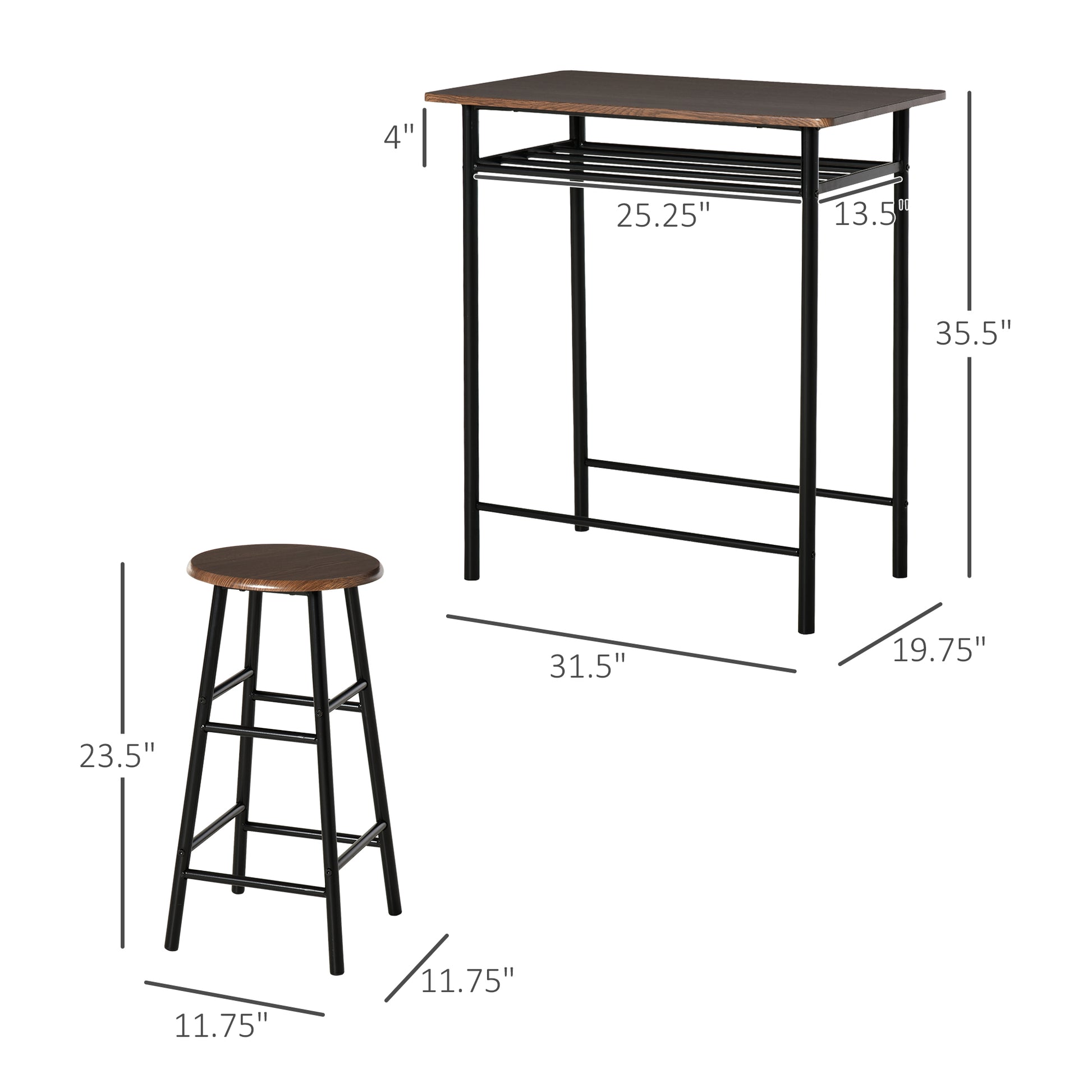 Compact bar table and stool set with dark wood top and black metal frame