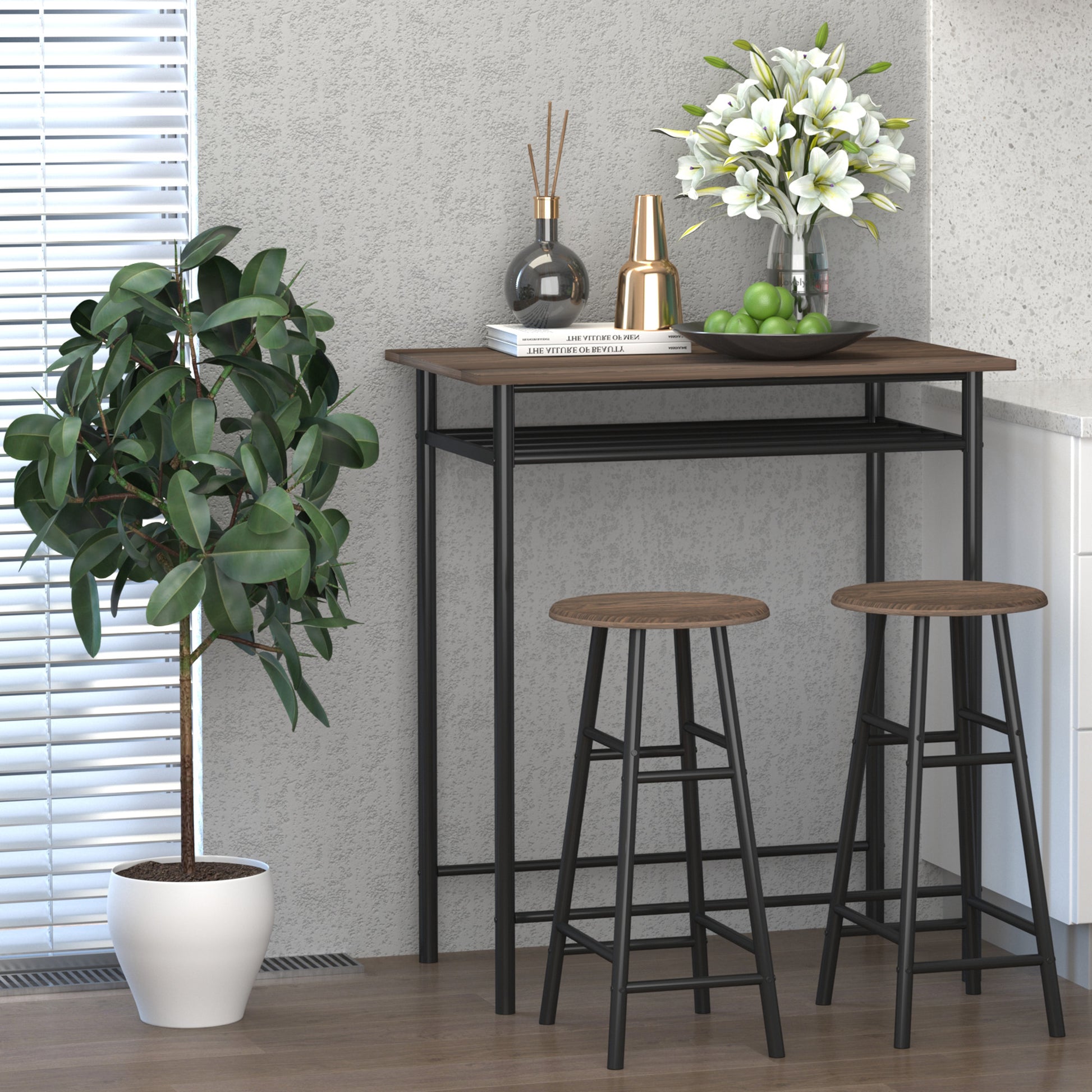 Brown wooden top bar table with two matching stools and black metal frame