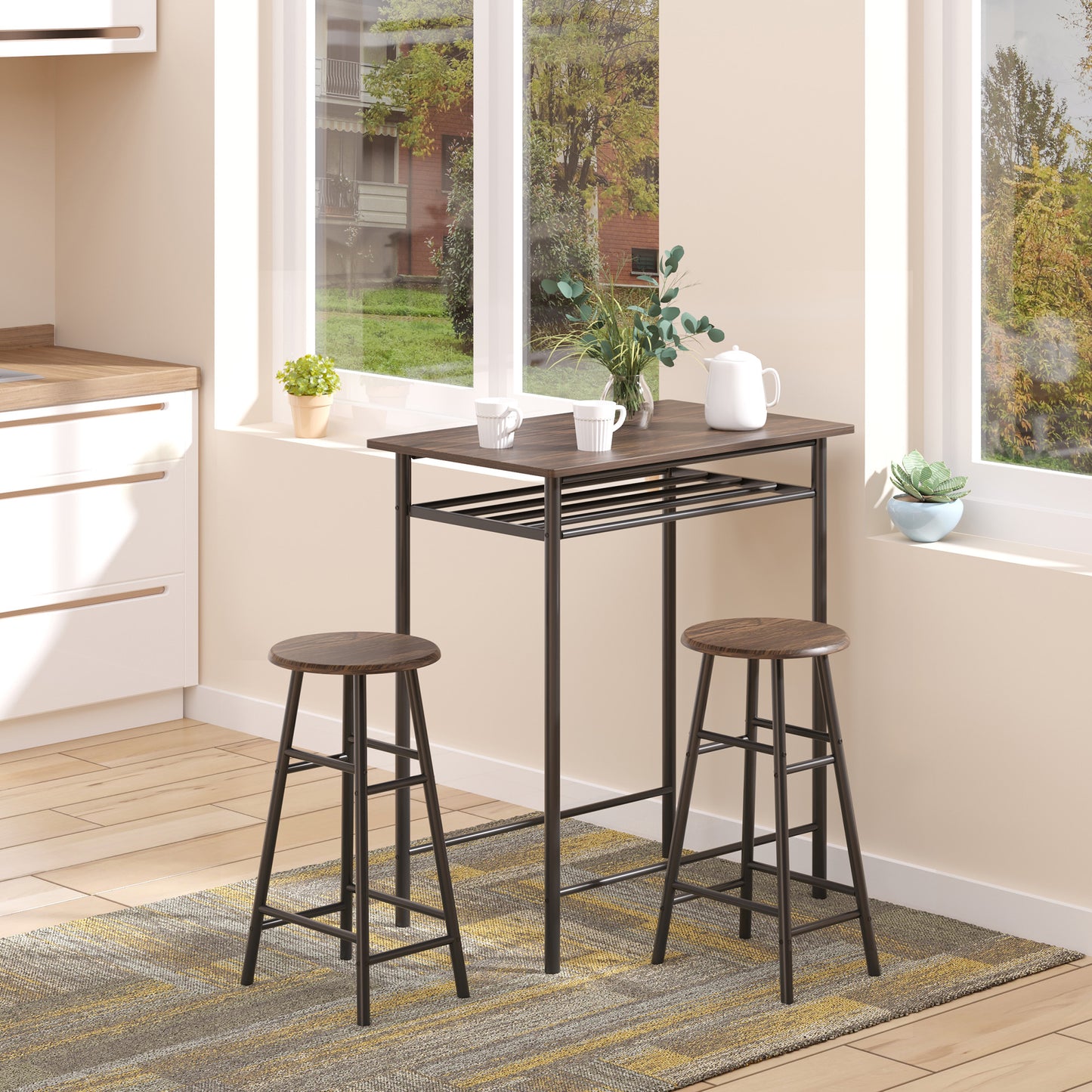 Brown faux wood top bar table with two dark wood stools in a modern kitchen setting