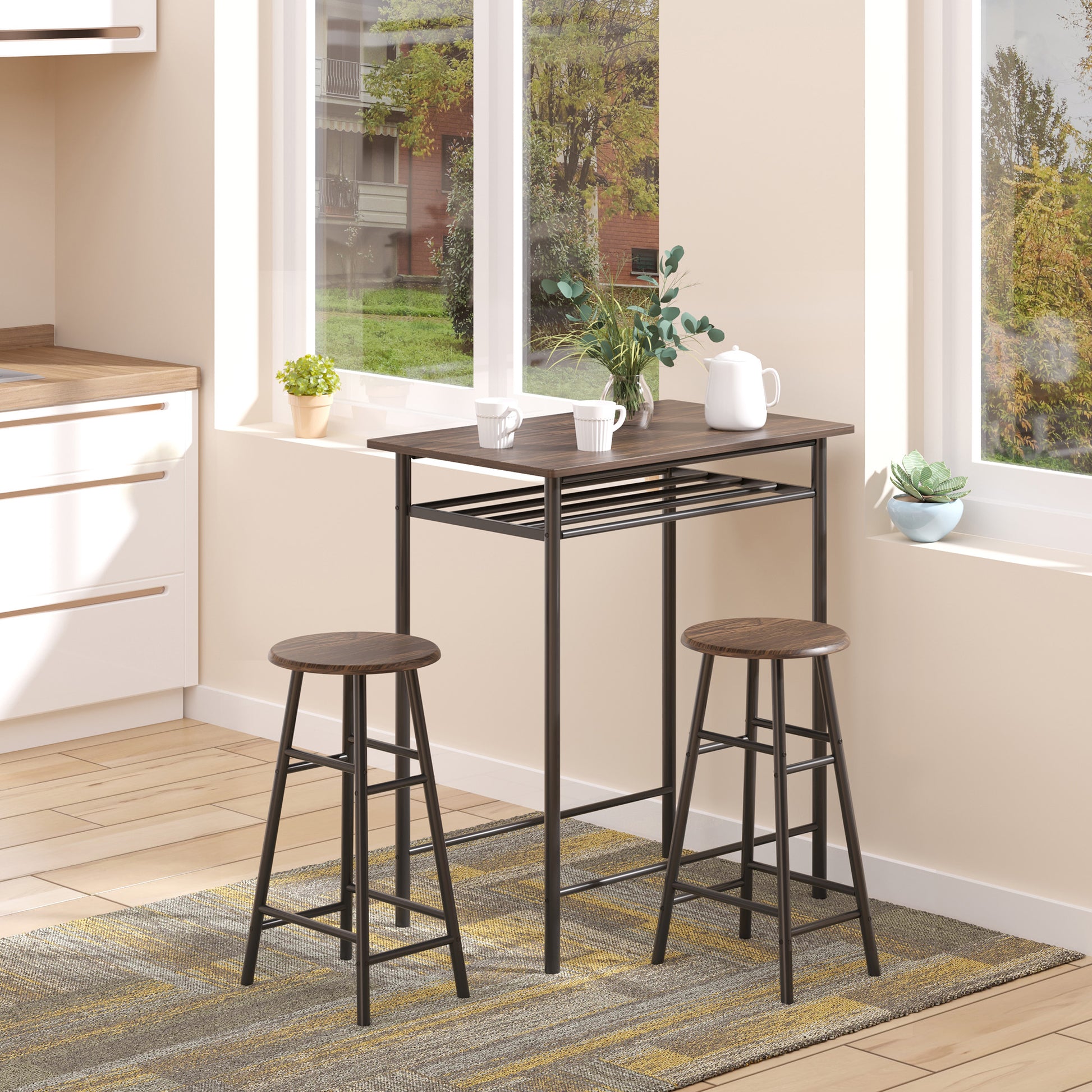 Brown faux wood top bar table with two dark wood stools in a modern kitchen setting