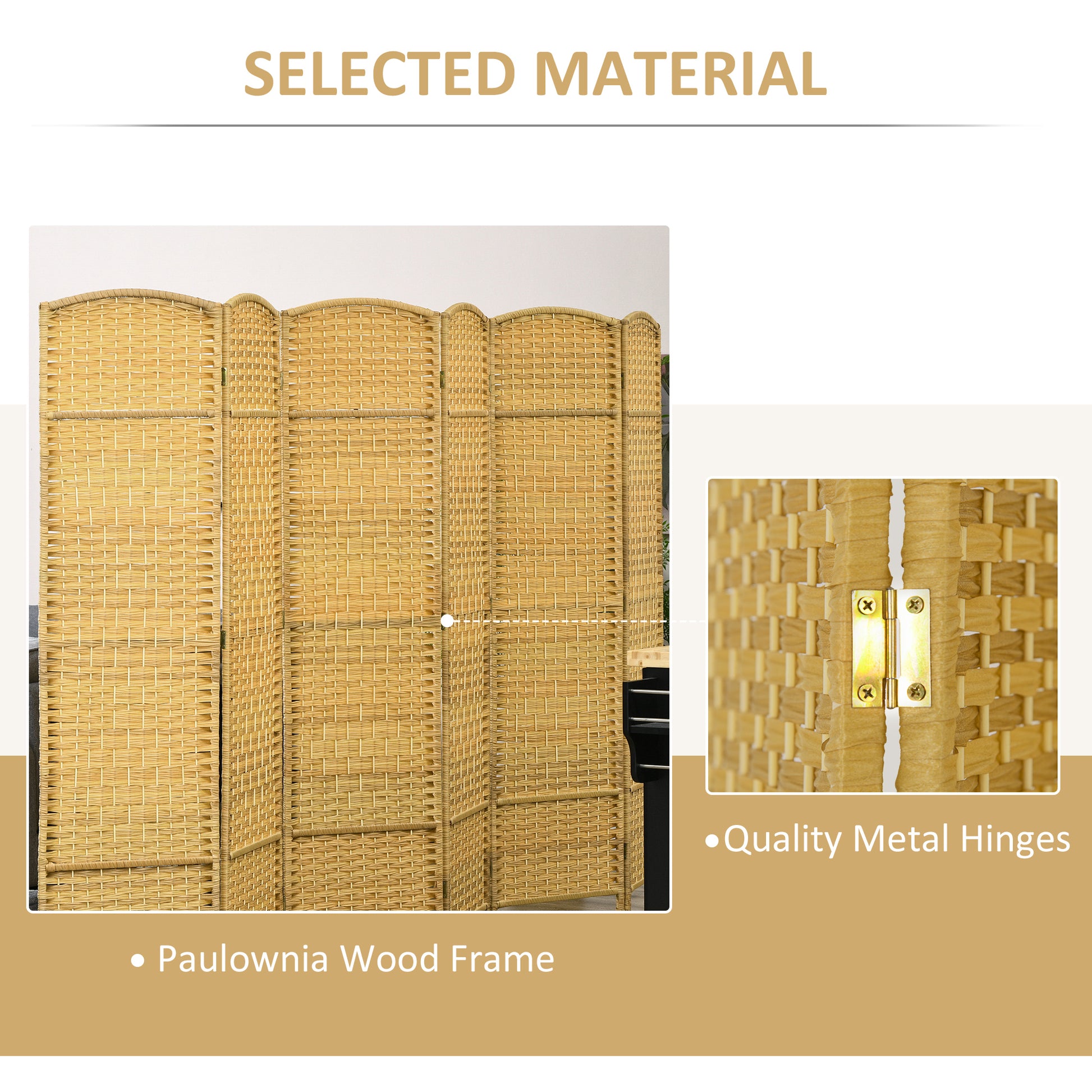 Woven room divider with Paulownia wood frame and metal hinges
