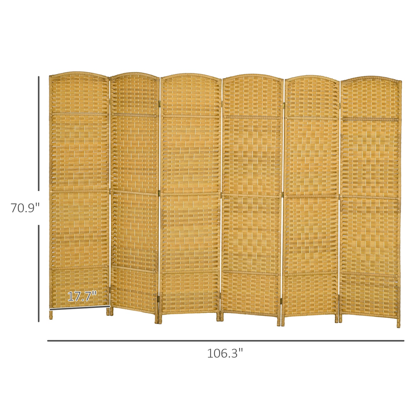 Sixpanel woven room divider screen in a natural light brown wicker finish featuring curved tops and intricate weaving